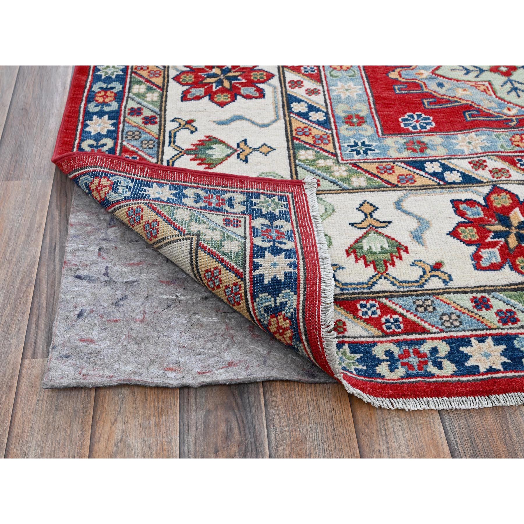9'1"x11'9" Crimson Red, Kazak with Geometric Medallions Design, Denser Weave, Hand Knotted, Soft and Velvety Wool, Vegetable Dyes, Oriental Rug Sh526