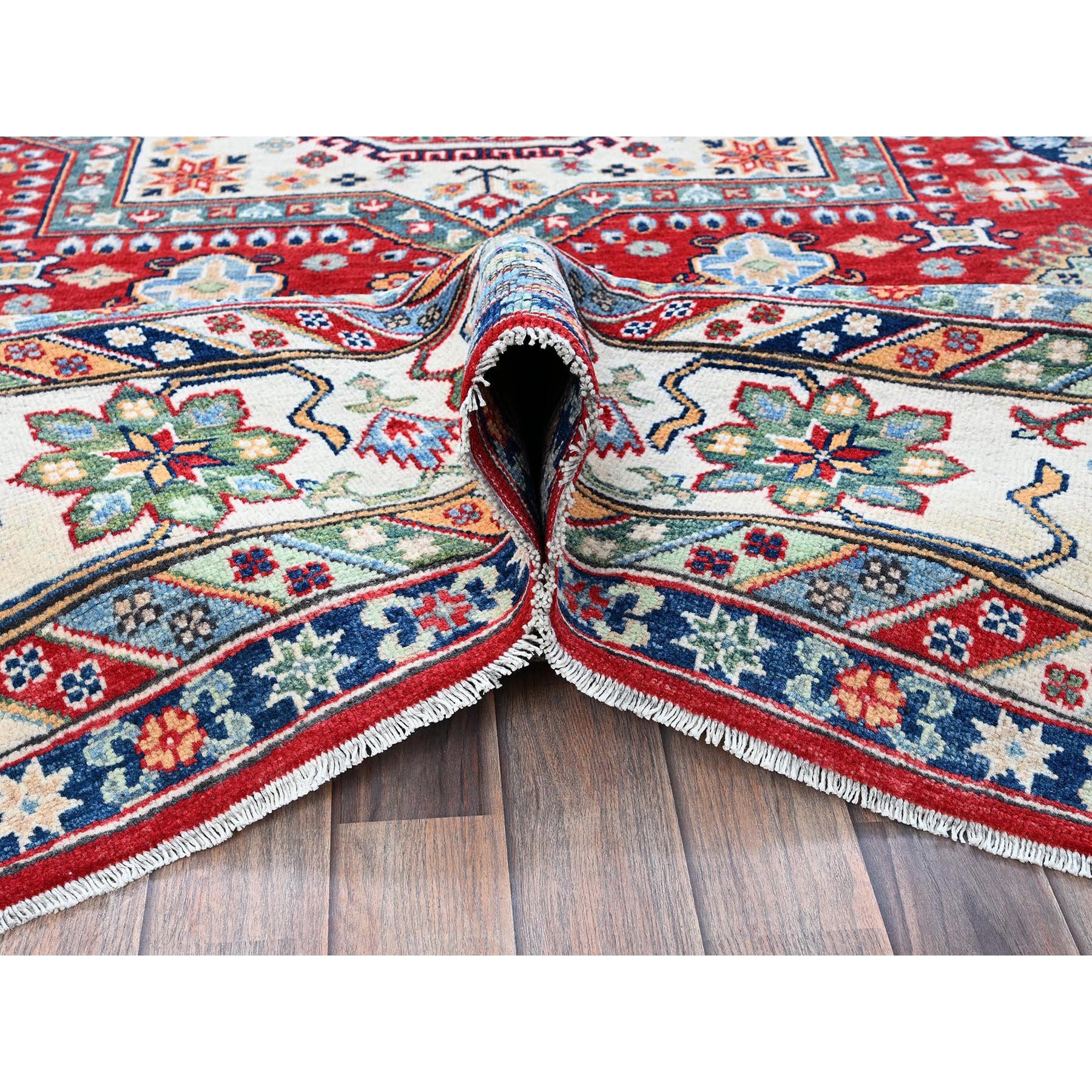 9'1"x11'9" Crimson Red, Kazak with Geometric Medallions Design, Denser Weave, Hand Knotted, Soft and Velvety Wool, Vegetable Dyes, Oriental Rug Sh526