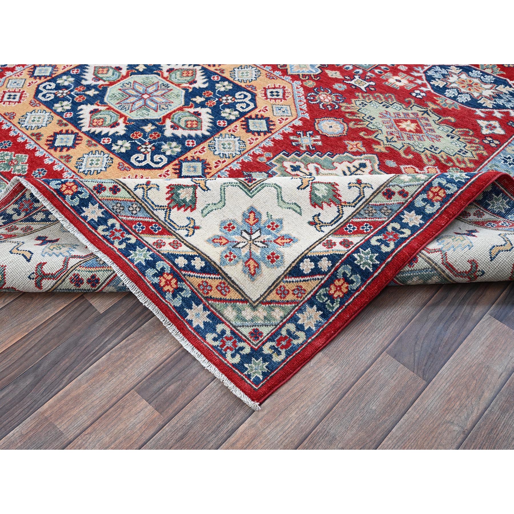 9'1"x11'9" Crimson Red, Kazak with Geometric Medallions Design, Denser Weave, Hand Knotted, Soft and Velvety Wool, Vegetable Dyes, Oriental Rug Sh526