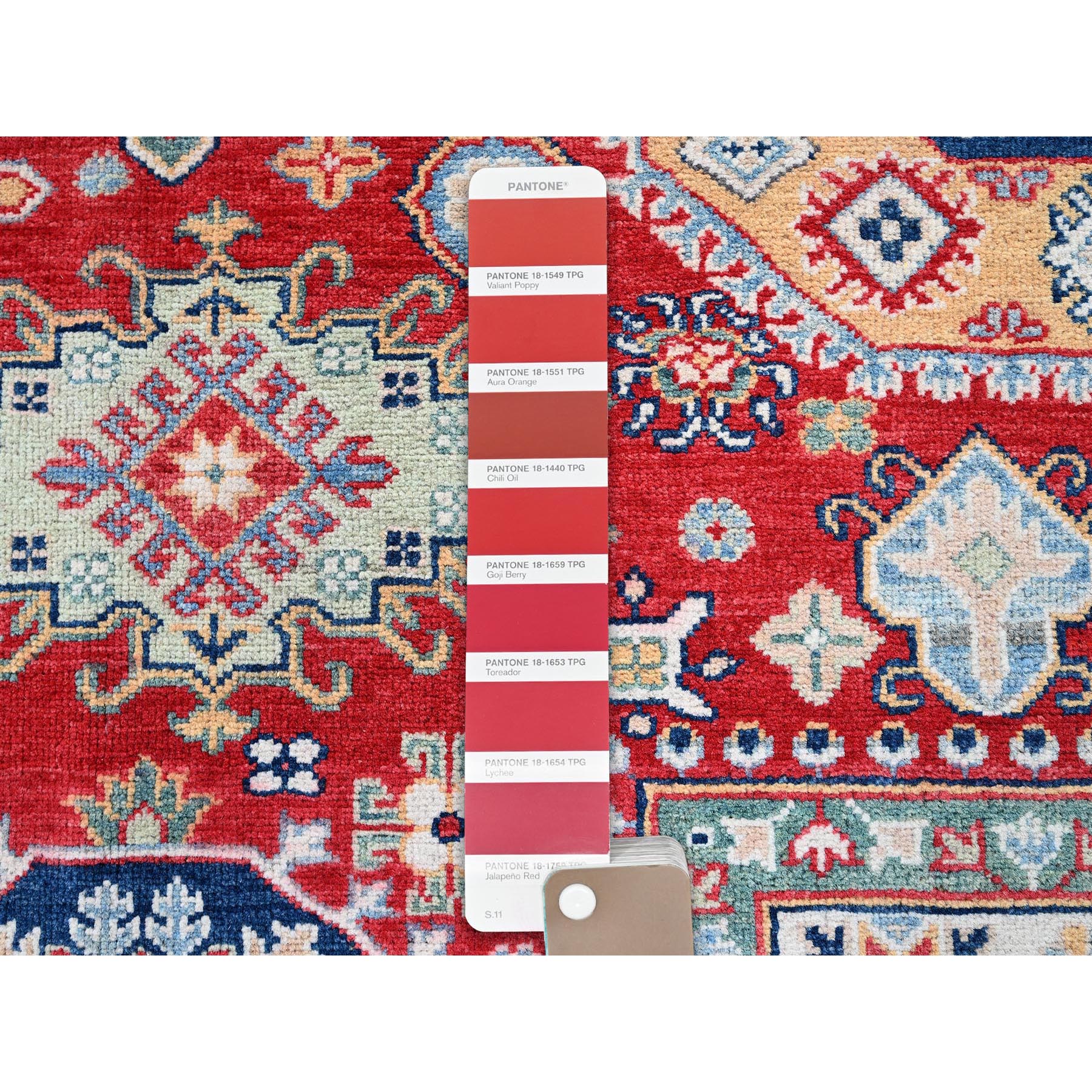 9'1"x11'9" Crimson Red, Kazak with Geometric Medallions Design, Denser Weave, Hand Knotted, Soft and Velvety Wool, Vegetable Dyes, Oriental Rug Sh526