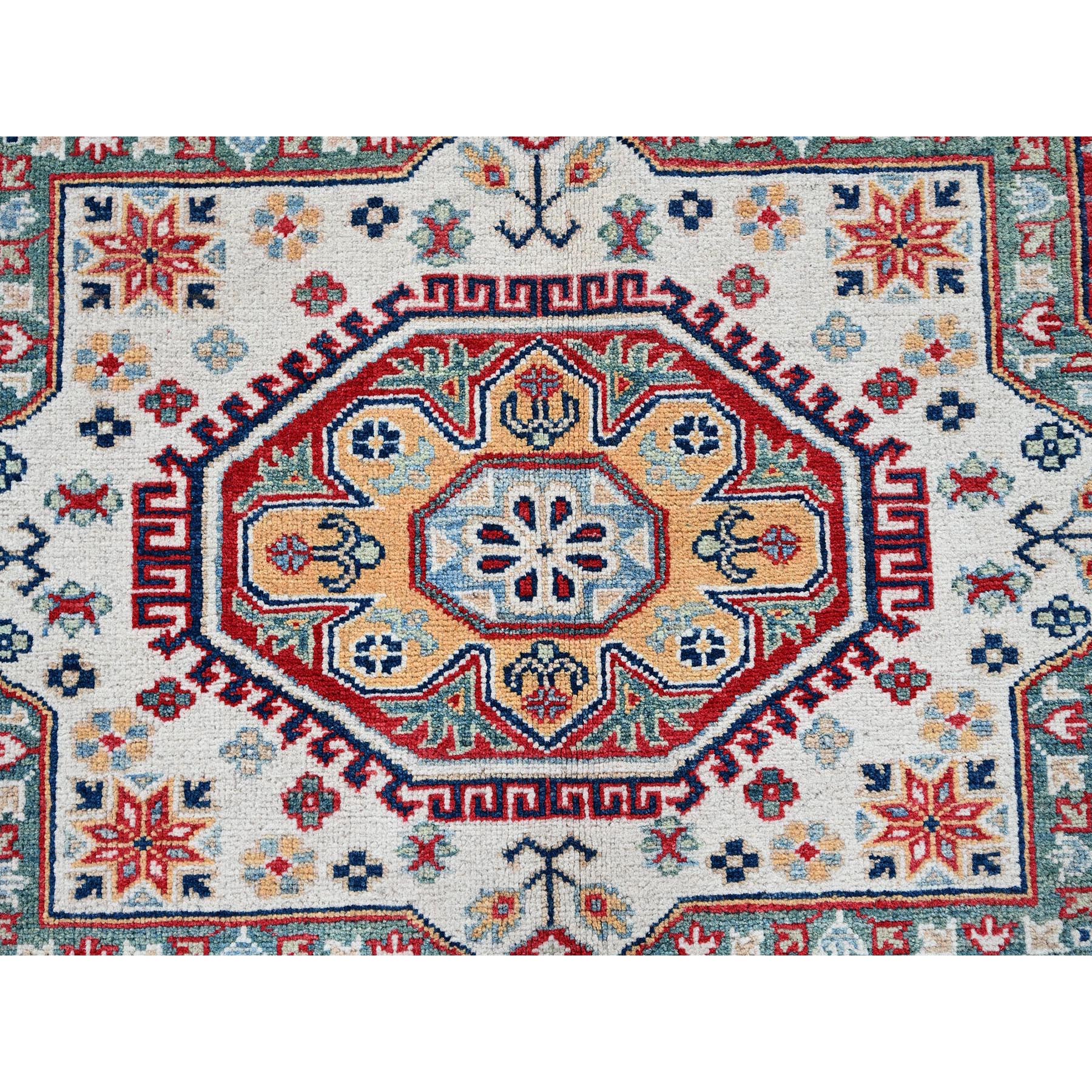 9'1"x11'9" Crimson Red, Kazak with Geometric Medallions Design, Denser Weave, Hand Knotted, Soft and Velvety Wool, Vegetable Dyes, Oriental Rug Sh526