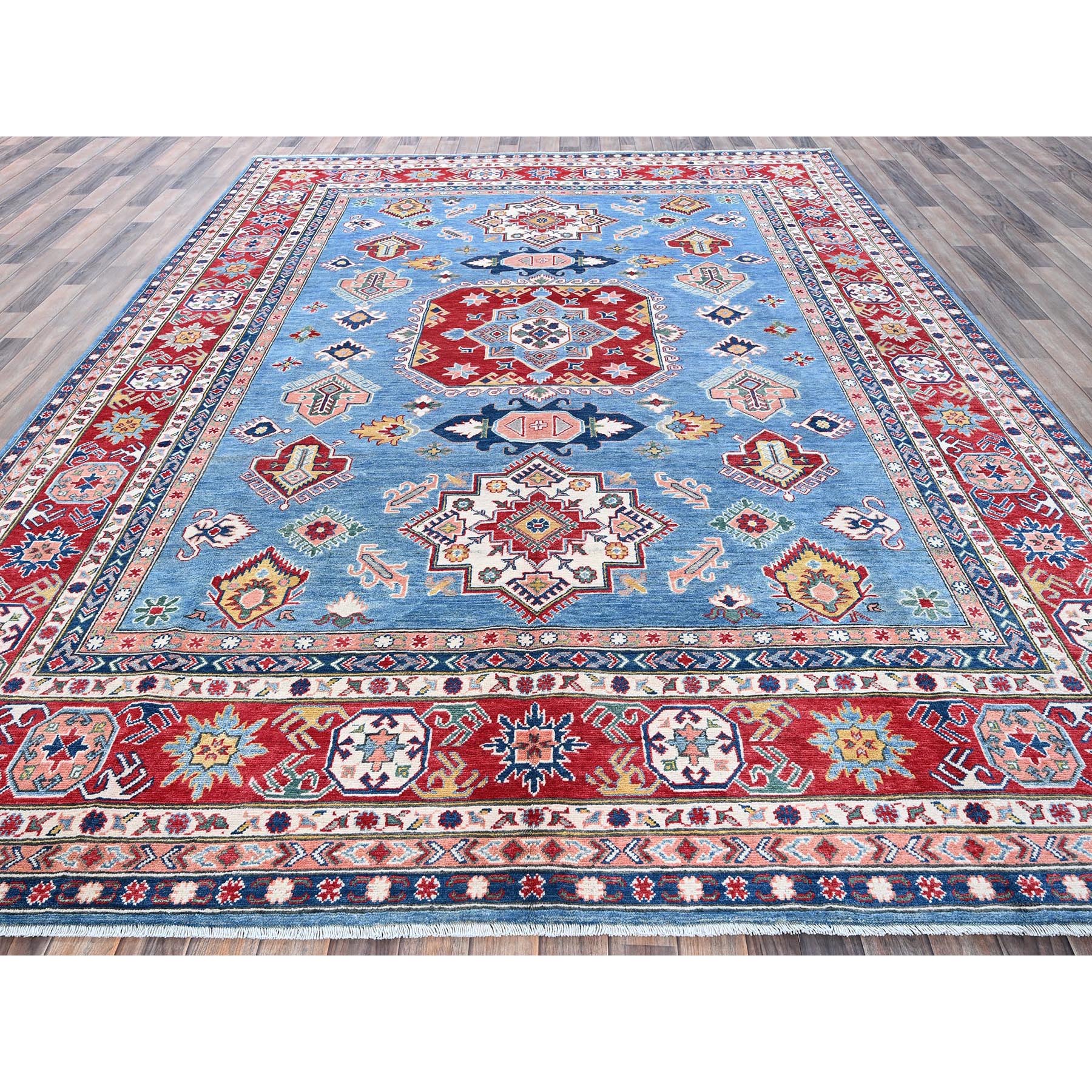 8'10"x11'8" Carolina Blue, Kazak with Geometric Medallions Design, Hand Knotted, Soft and Shiny Wool, Denser Weave, Vegetable Dyes, Oriental Rug Sh527