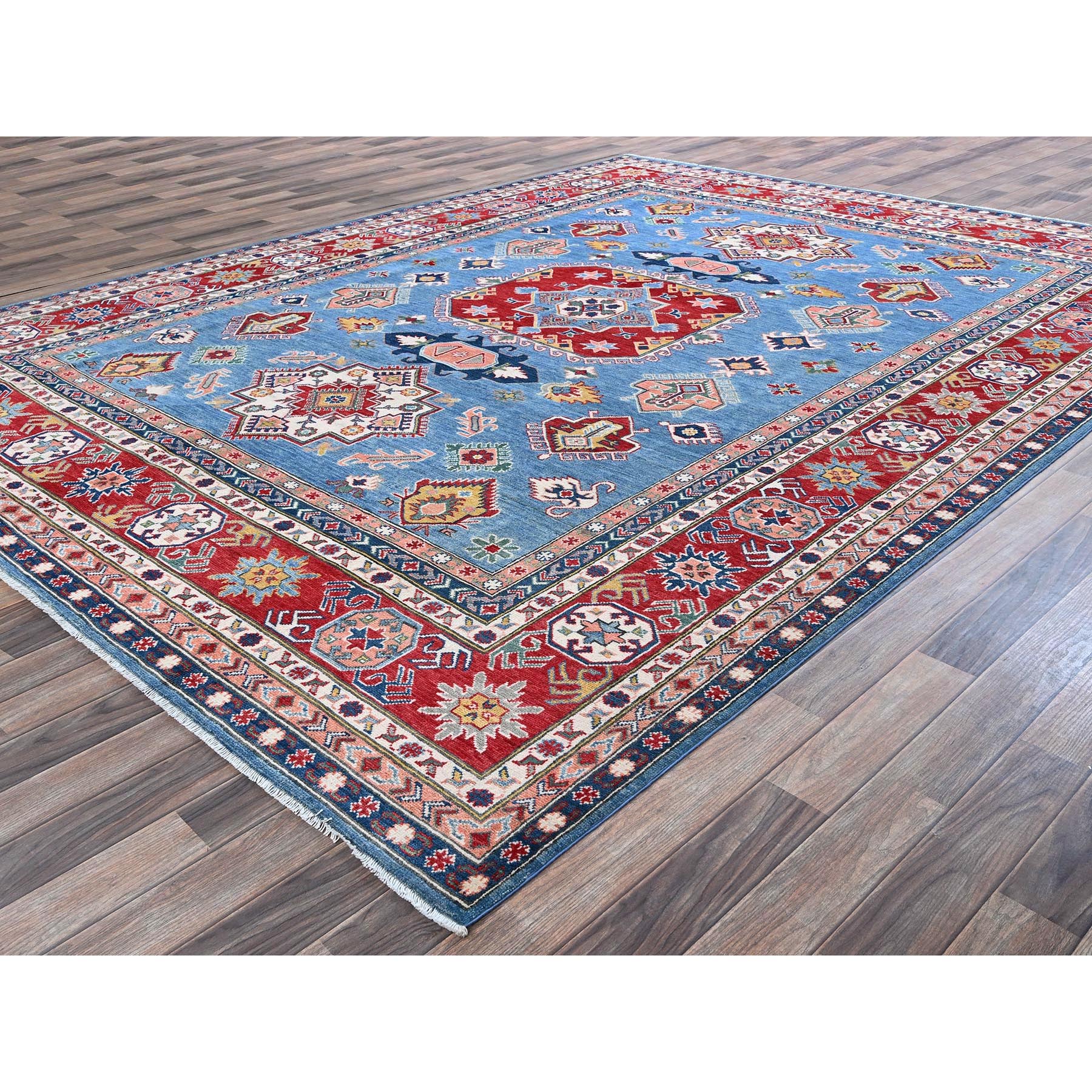 8'10"x11'8" Carolina Blue, Kazak with Geometric Medallions Design, Hand Knotted, Soft and Shiny Wool, Denser Weave, Vegetable Dyes, Oriental Rug Sh527