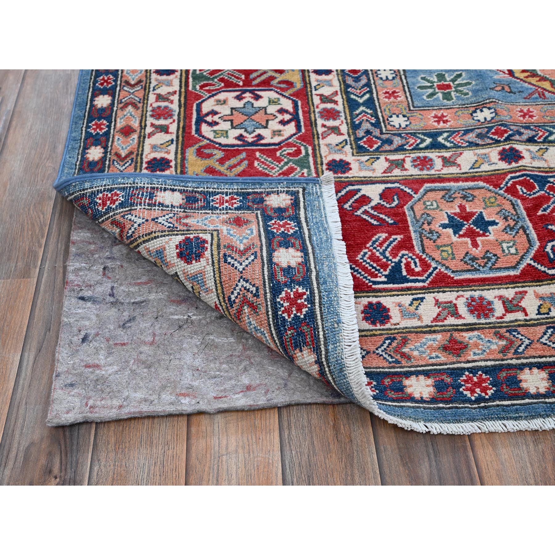 8'10"x11'8" Carolina Blue, Kazak with Geometric Medallions Design, Hand Knotted, Soft and Shiny Wool, Denser Weave, Vegetable Dyes, Oriental Rug Sh527