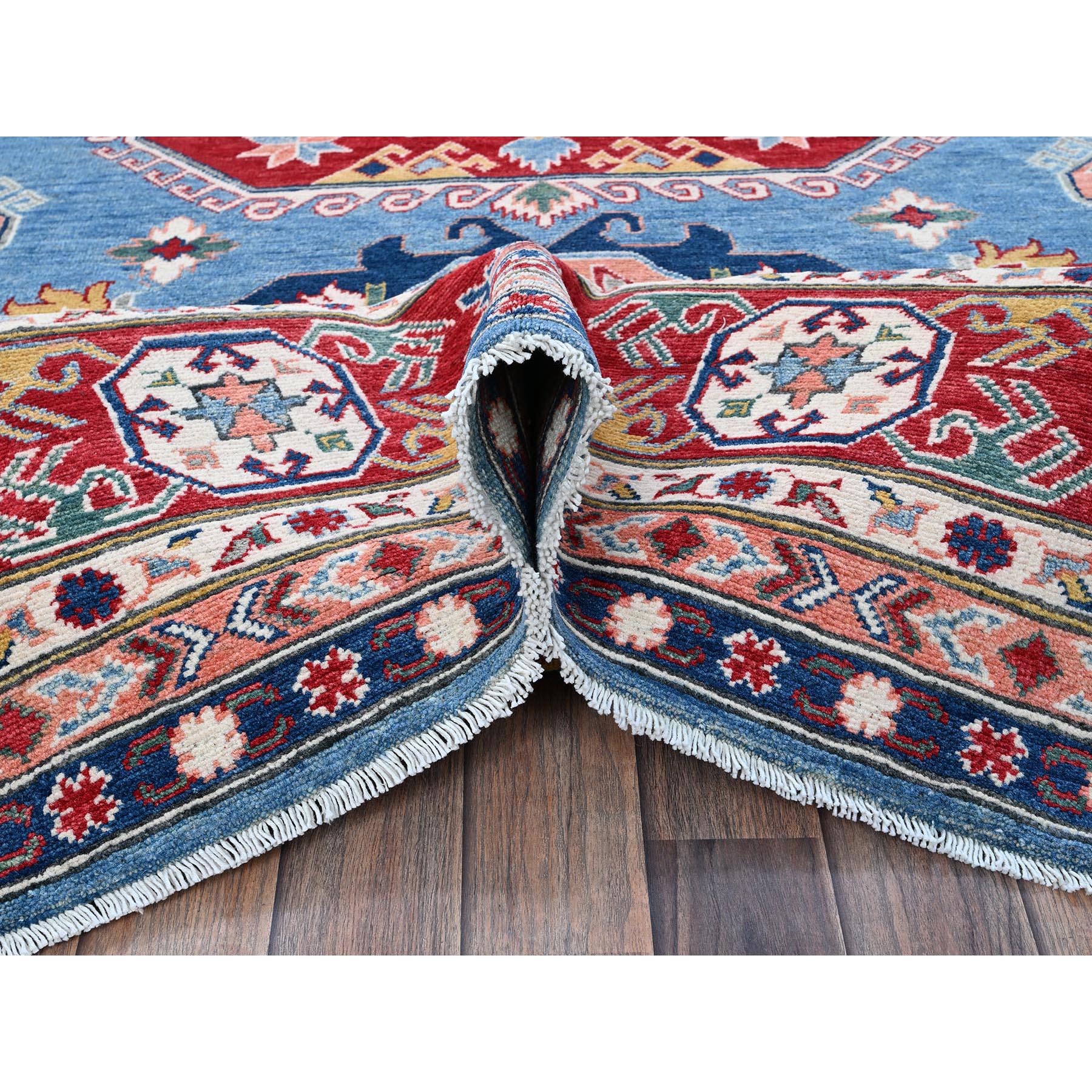 8'10"x11'8" Carolina Blue, Kazak with Geometric Medallions Design, Hand Knotted, Soft and Shiny Wool, Denser Weave, Vegetable Dyes, Oriental Rug Sh527