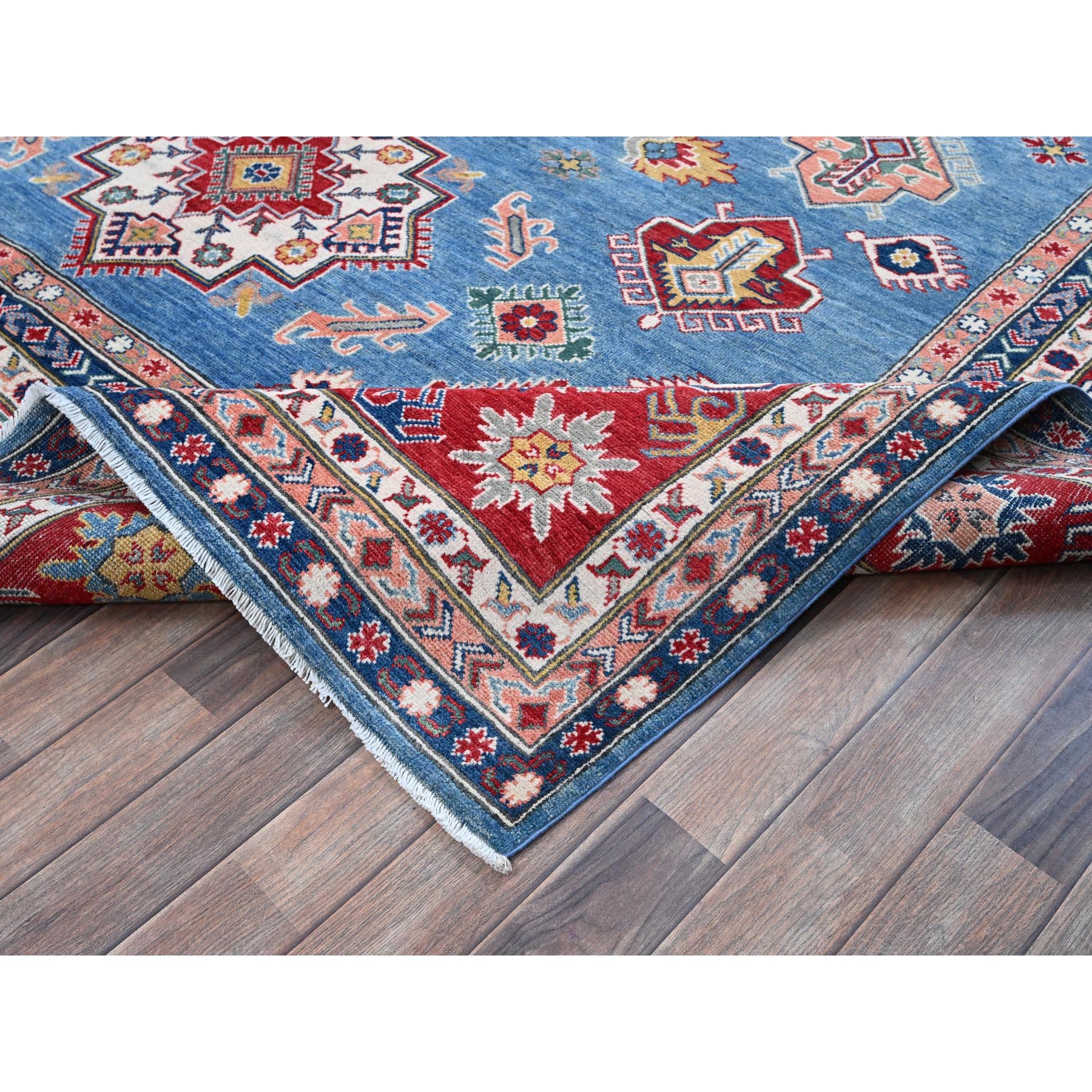 8'10"x11'8" Carolina Blue, Kazak with Geometric Medallions Design, Hand Knotted, Soft and Shiny Wool, Denser Weave, Vegetable Dyes, Oriental Rug Sh527