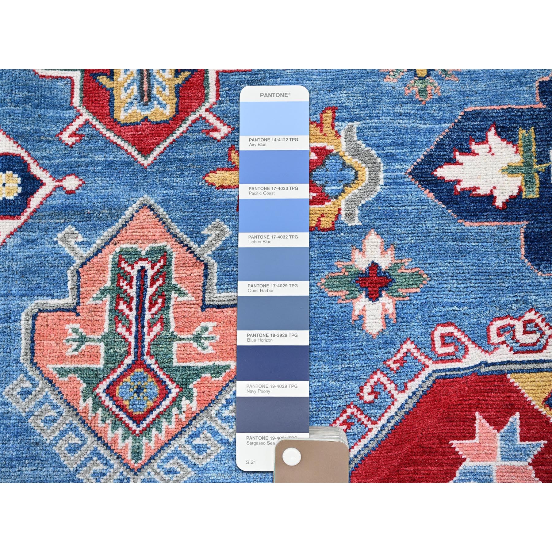 8'10"x11'8" Carolina Blue, Kazak with Geometric Medallions Design, Hand Knotted, Soft and Shiny Wool, Denser Weave, Vegetable Dyes, Oriental Rug Sh527