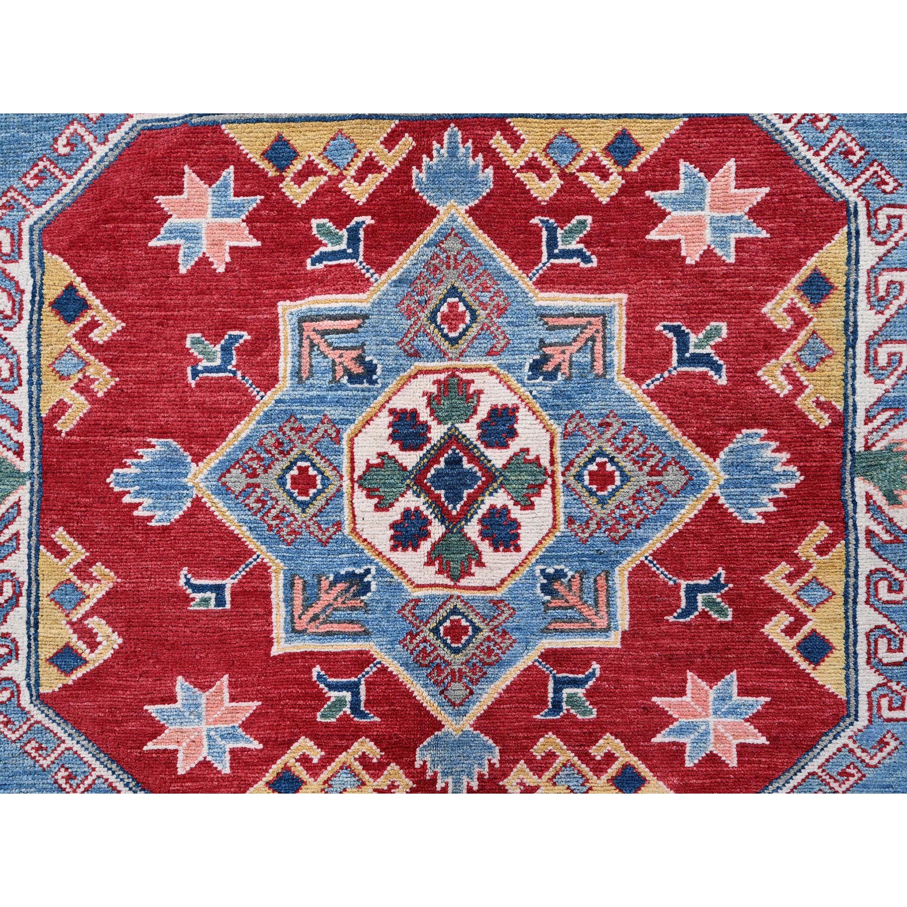 8'10"x11'8" Carolina Blue, Kazak with Geometric Medallions Design, Hand Knotted, Soft and Shiny Wool, Denser Weave, Vegetable Dyes, Oriental Rug Sh527
