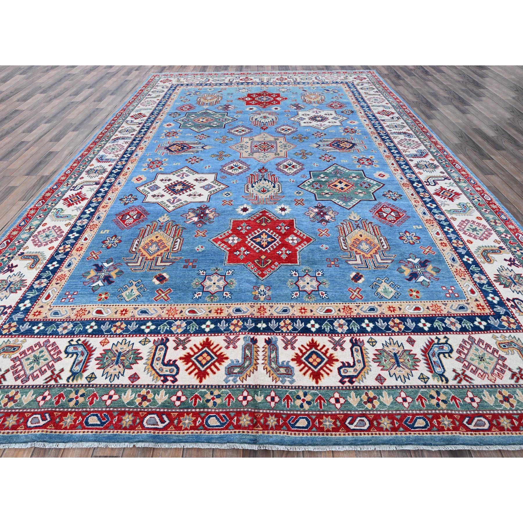 9'9"x14' Lichen Blue, Kazak with Star Medallions Design, Hand Knotted, Denser Weave, Soft and Shiny Wool, Vegetable Dyes, Oriental Rug Sh528