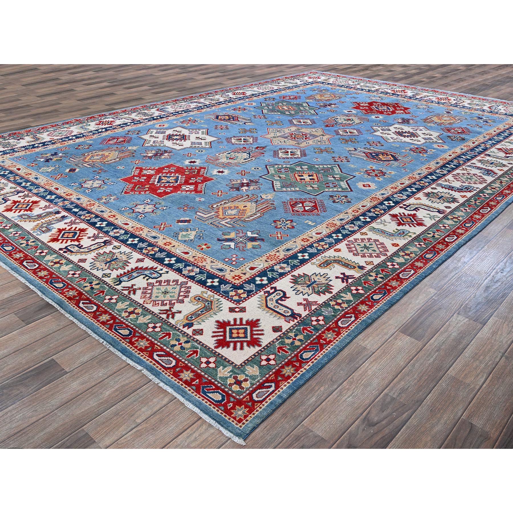 9'9"x14' Lichen Blue, Kazak with Star Medallions Design, Hand Knotted, Denser Weave, Soft and Shiny Wool, Vegetable Dyes, Oriental Rug Sh528
