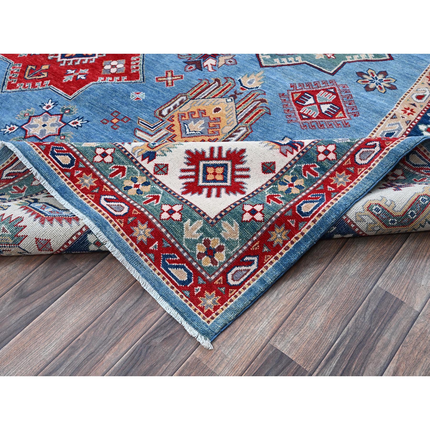 9'9"x14' Lichen Blue, Kazak with Star Medallions Design, Hand Knotted, Denser Weave, Soft and Shiny Wool, Vegetable Dyes, Oriental Rug Sh528