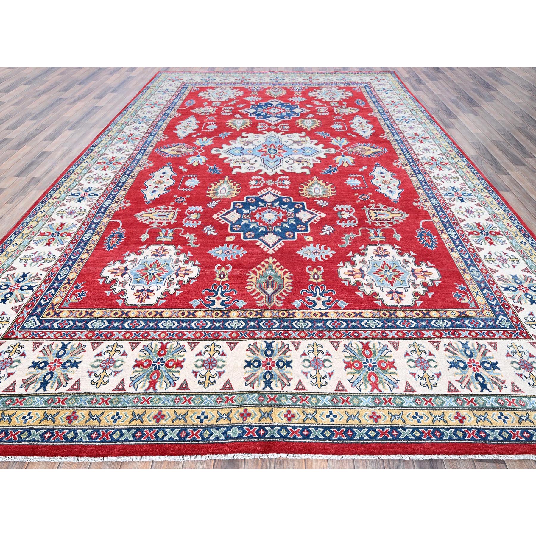 9'9"x14' Berry Red, Kazak with Tribal Medallions Design, Hand Knotted, Soft and Vibrant Wool, Denser Weave, Vegetable Dyes, Oriental Rug Sh529