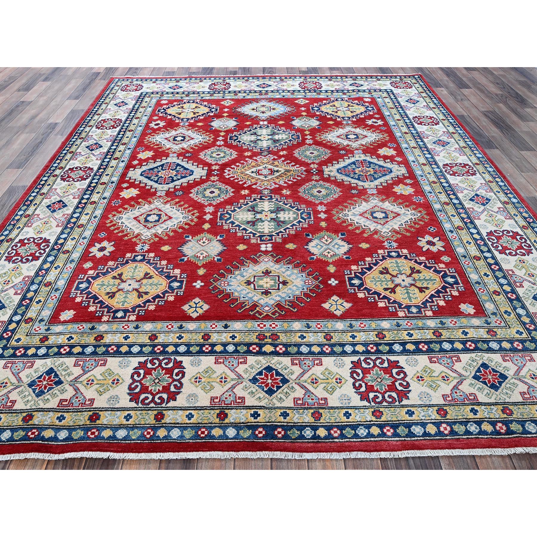 7'10"x10' Crimson Red, Kazak with Geometric Medallions Design, Hand Knotted, Soft and Shiny Wool, Denser Weave, Vegetable Dyes, Oriental Rug Sh530