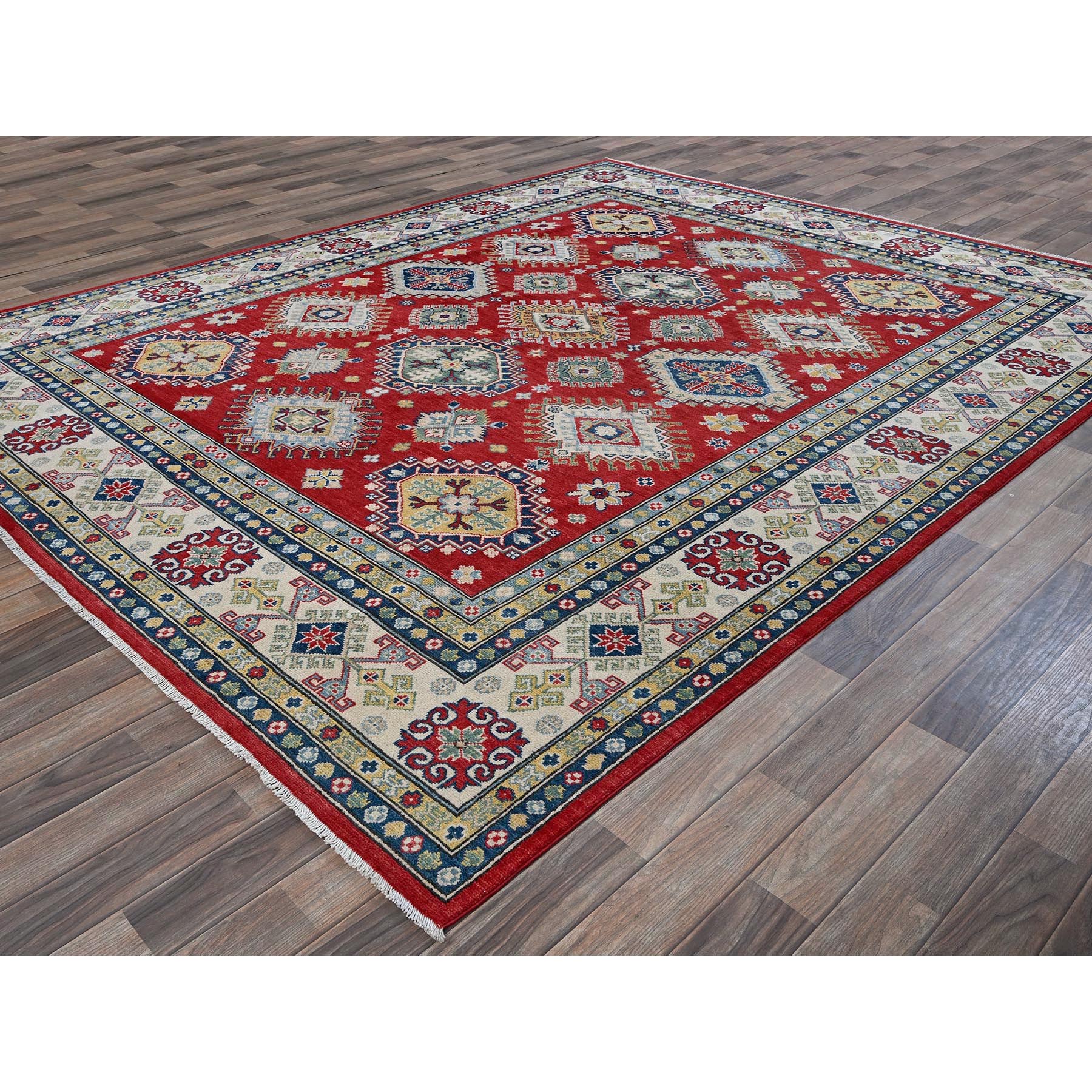 7'10"x10' Crimson Red, Kazak with Geometric Medallions Design, Hand Knotted, Soft and Shiny Wool, Denser Weave, Vegetable Dyes, Oriental Rug Sh530