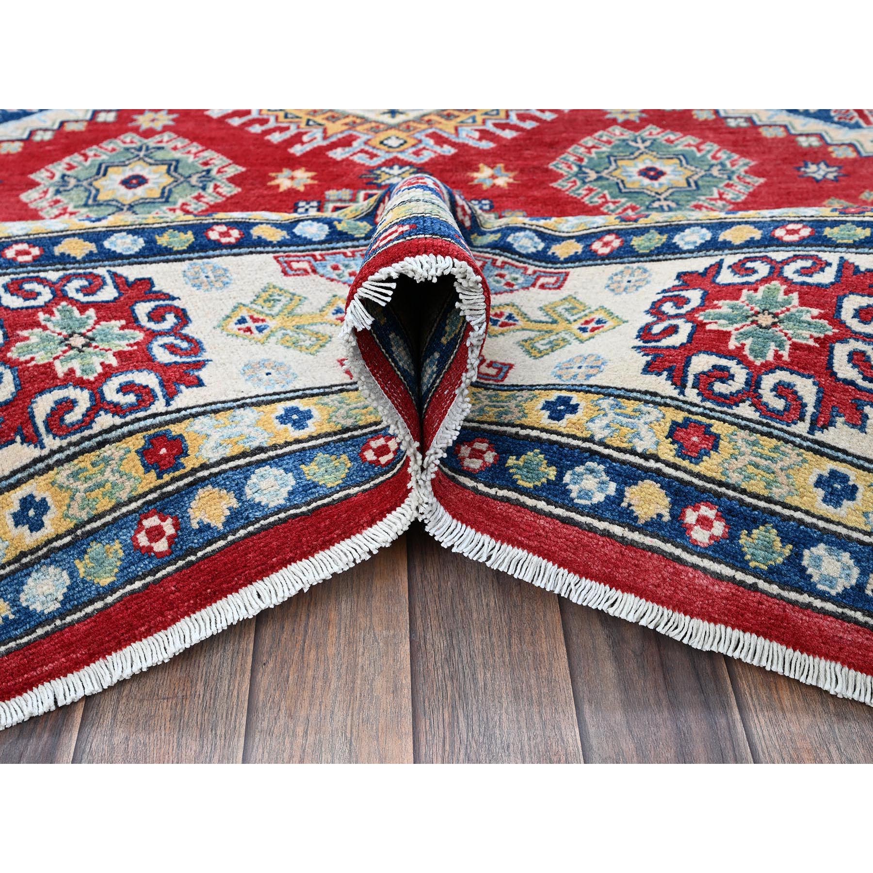 7'10"x10' Crimson Red, Kazak with Geometric Medallions Design, Hand Knotted, Soft and Shiny Wool, Denser Weave, Vegetable Dyes, Oriental Rug Sh530