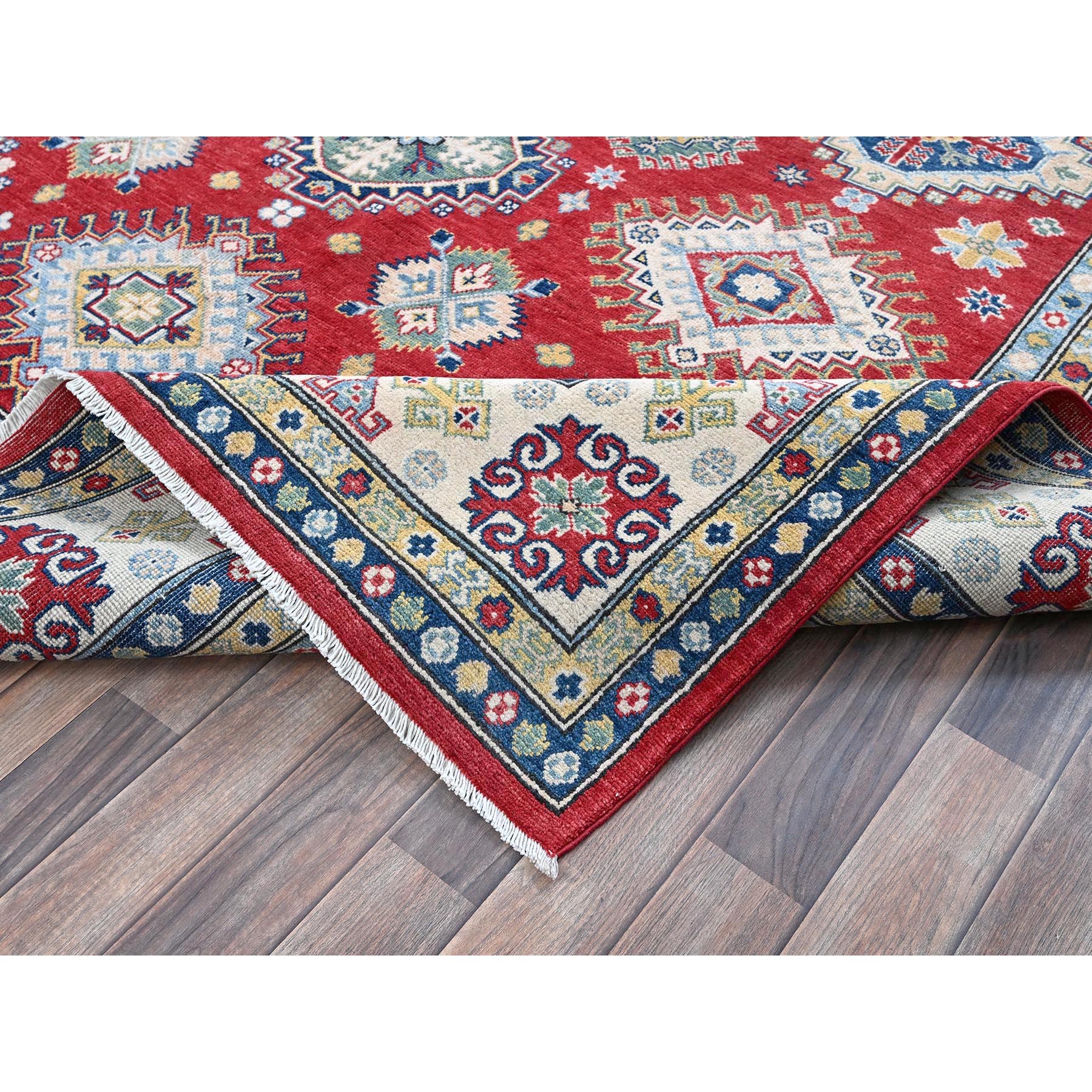 7'10"x10' Crimson Red, Kazak with Geometric Medallions Design, Hand Knotted, Soft and Shiny Wool, Denser Weave, Vegetable Dyes, Oriental Rug Sh530