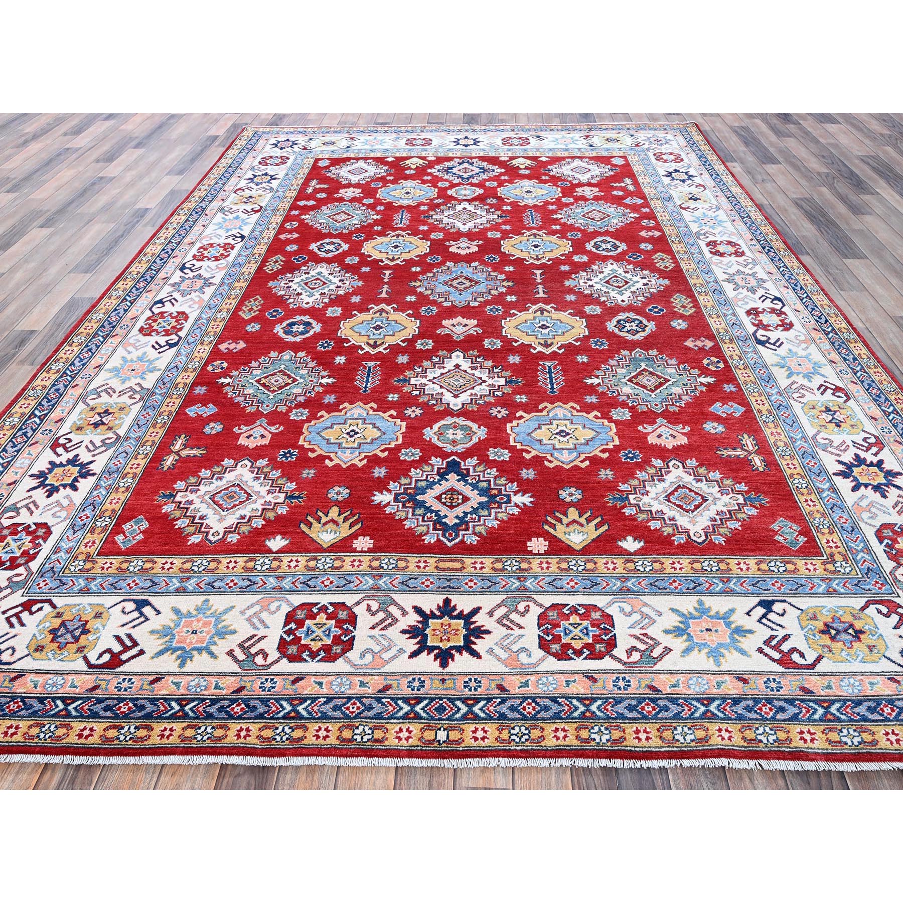8'x11'3" Chili Red, Kazak with Geometric Medallions Design, Hand Knotted, Soft and Velvety Wool, Denser Weave, Vegetable Dyes, Oriental Rug Sh532