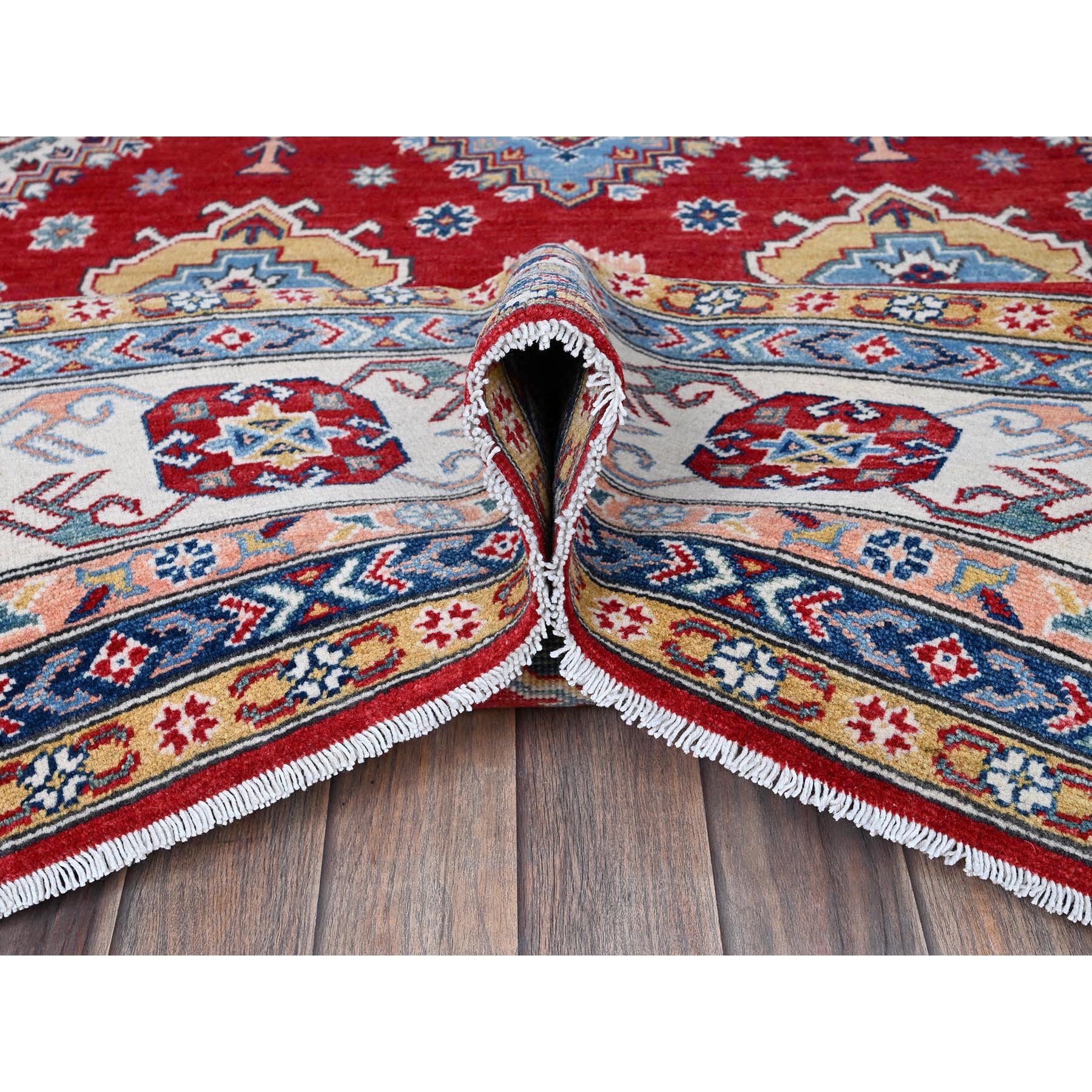 8'x11'3" Chili Red, Kazak with Geometric Medallions Design, Hand Knotted, Soft and Velvety Wool, Denser Weave, Vegetable Dyes, Oriental Rug Sh532