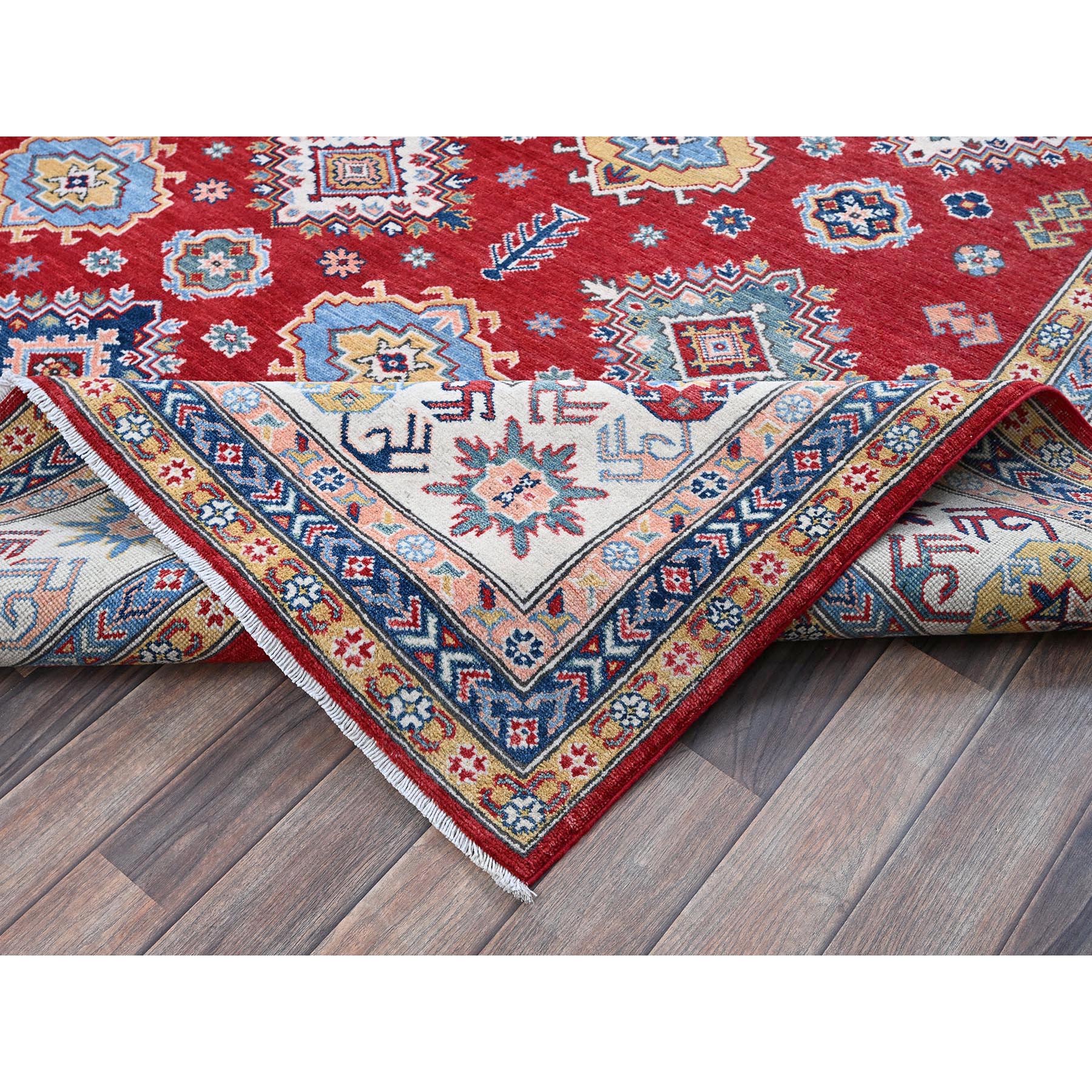 8'x11'3" Chili Red, Kazak with Geometric Medallions Design, Hand Knotted, Soft and Velvety Wool, Denser Weave, Vegetable Dyes, Oriental Rug Sh532