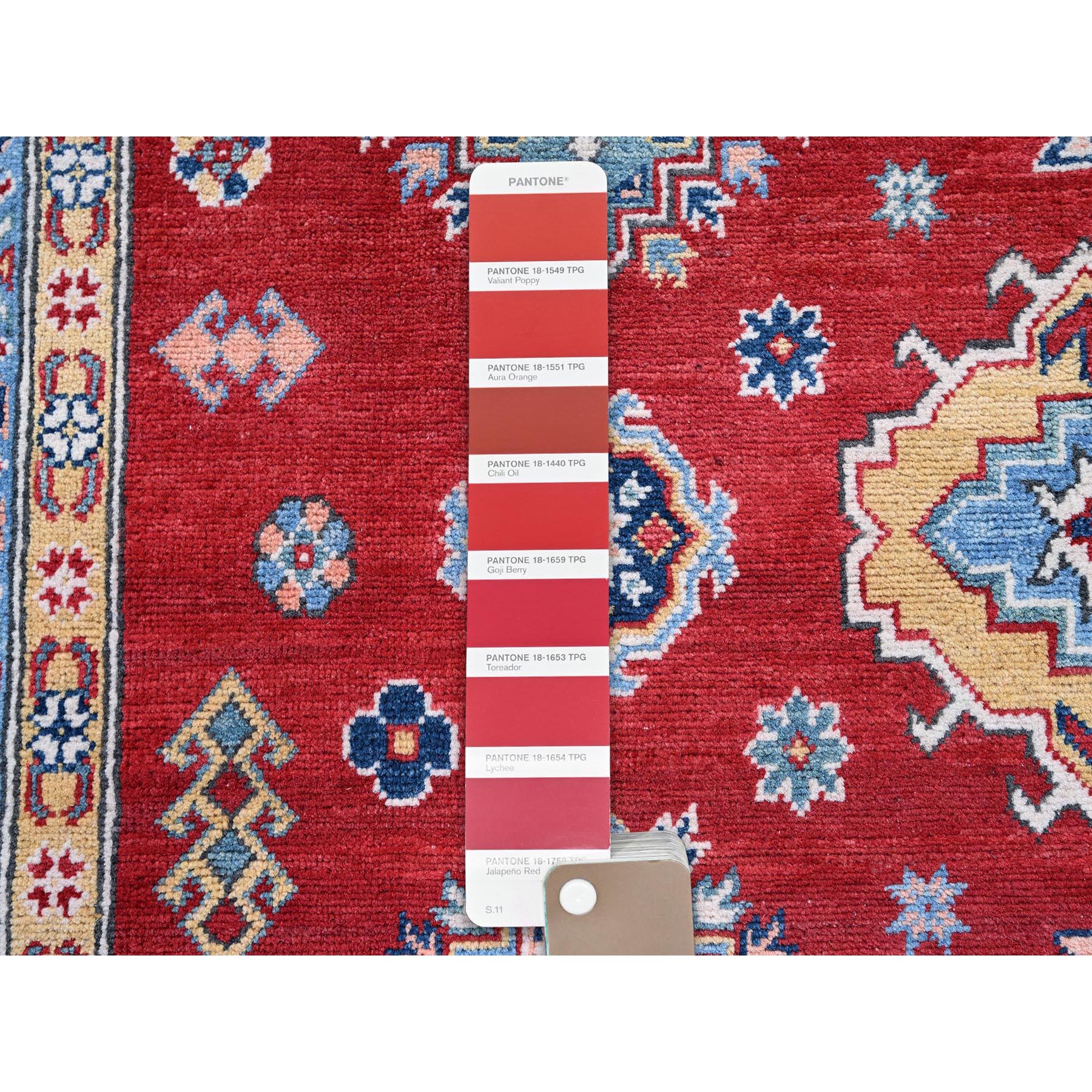 8'x11'3" Chili Red, Kazak with Geometric Medallions Design, Hand Knotted, Soft and Velvety Wool, Denser Weave, Vegetable Dyes, Oriental Rug Sh532