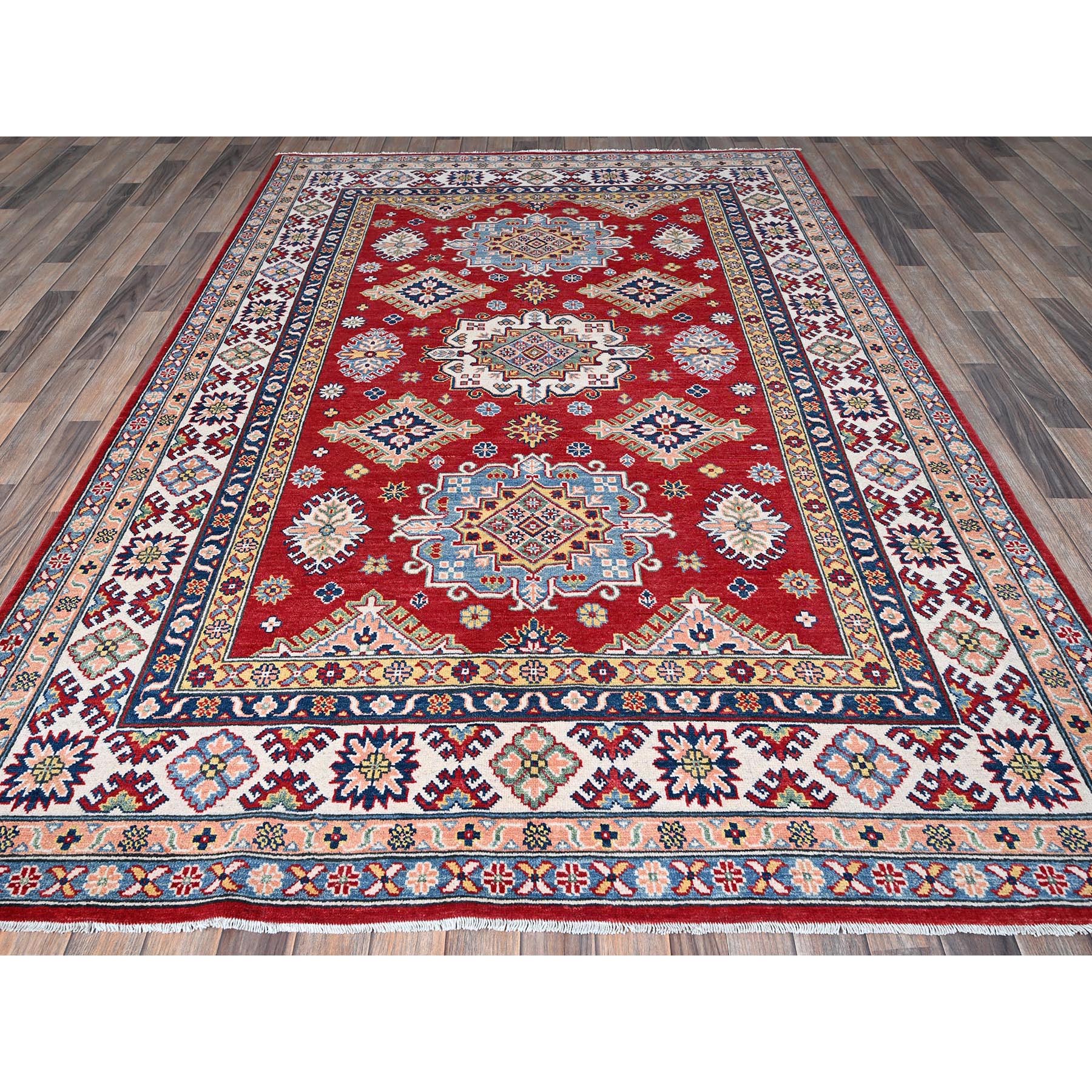 6'3"x9' Ajax Red, Kazak with Tribal Medallions Design, Hand Knotted, Soft and Velvety Wool, Denser Weave, Vegetable Dyes, Oriental Rug Sh533