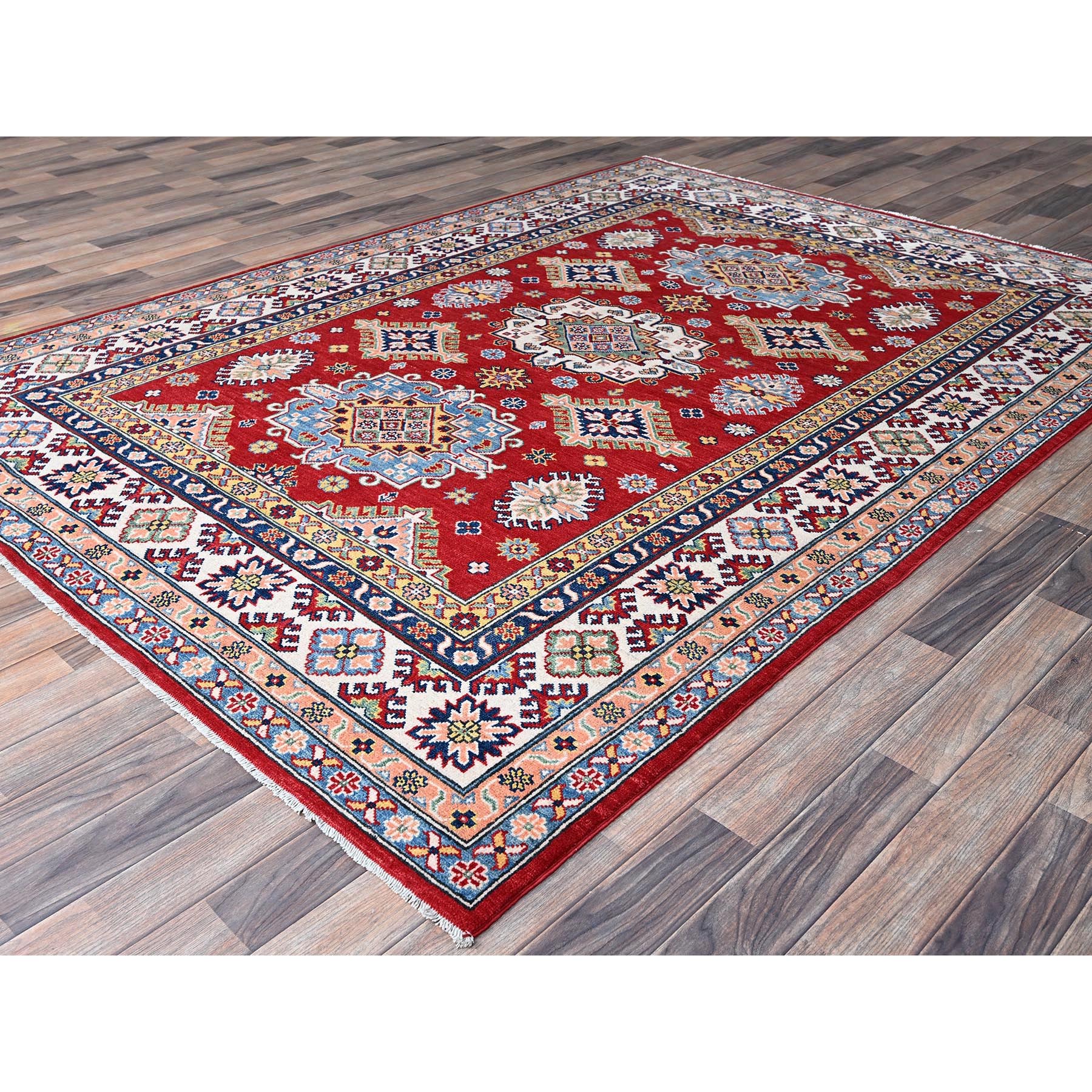 6'3"x9' Ajax Red, Kazak with Tribal Medallions Design, Hand Knotted, Soft and Velvety Wool, Denser Weave, Vegetable Dyes, Oriental Rug Sh533