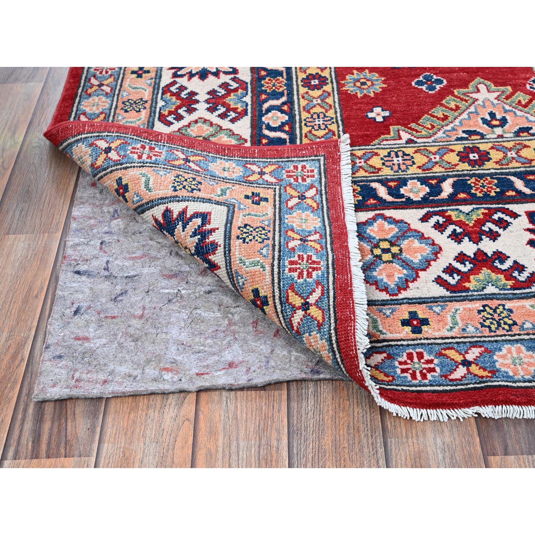 6'3"x9' Ajax Red, Kazak with Tribal Medallions Design, Hand Knotted, Soft and Velvety Wool, Denser Weave, Vegetable Dyes, Oriental Rug Sh533