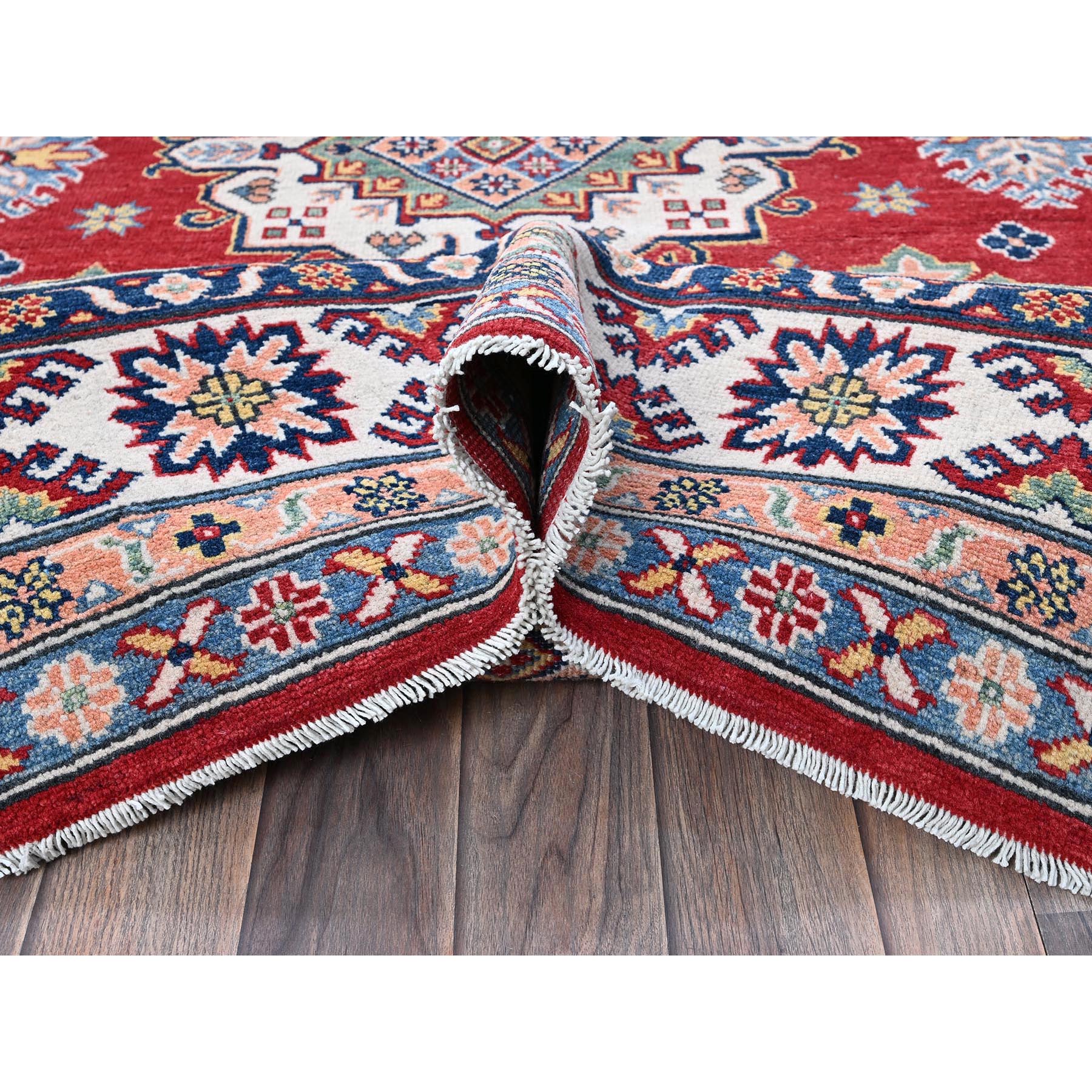 6'3"x9' Ajax Red, Kazak with Tribal Medallions Design, Hand Knotted, Soft and Velvety Wool, Denser Weave, Vegetable Dyes, Oriental Rug Sh533