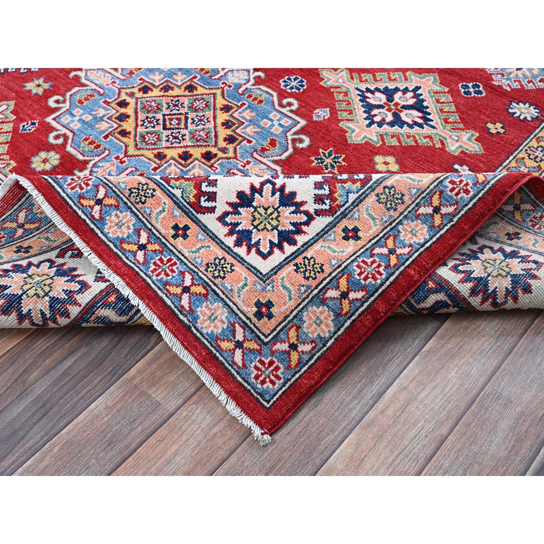 6'3"x9' Ajax Red, Kazak with Tribal Medallions Design, Hand Knotted, Soft and Velvety Wool, Denser Weave, Vegetable Dyes, Oriental Rug Sh533