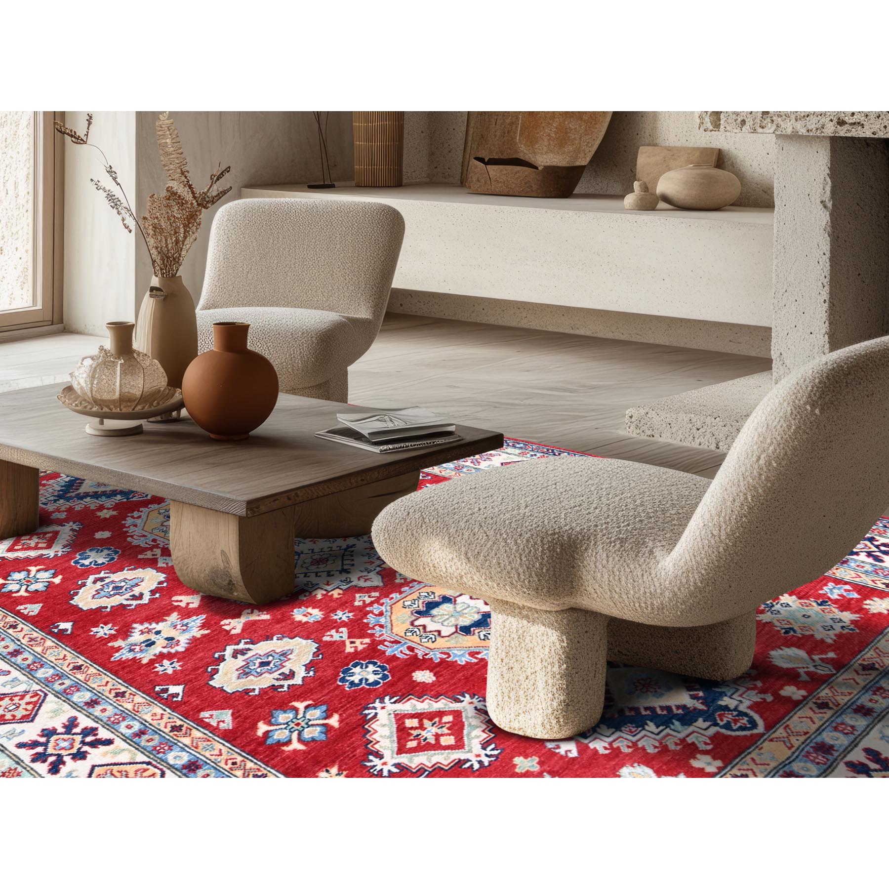 5'10"x8'8" Crimson Red, Kazak with Geometric Medallions Design, Soft and Shiny Wool, Hand Knotted, Denser Weave, Vegetable Dyes, Oriental Rug Sh534