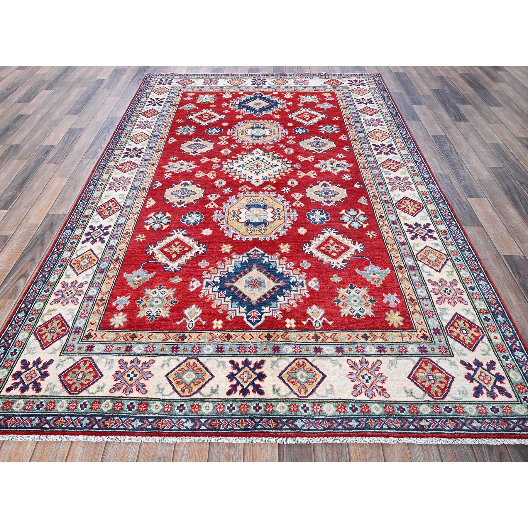 5'10"x8'8" Crimson Red, Kazak with Geometric Medallions Design, Soft and Shiny Wool, Hand Knotted, Denser Weave, Vegetable Dyes, Oriental Rug Sh534
