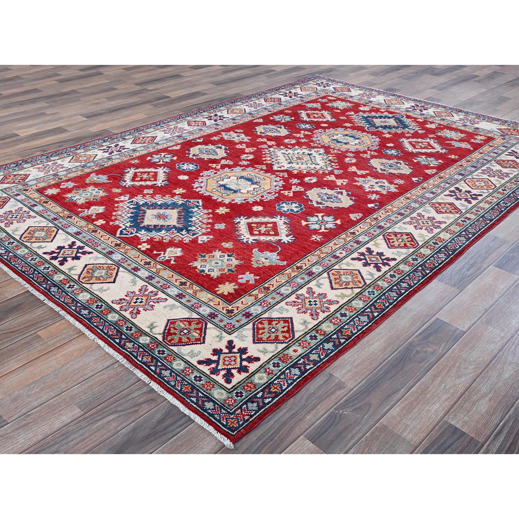 5'10"x8'8" Crimson Red, Kazak with Geometric Medallions Design, Soft and Shiny Wool, Hand Knotted, Denser Weave, Vegetable Dyes, Oriental Rug Sh534