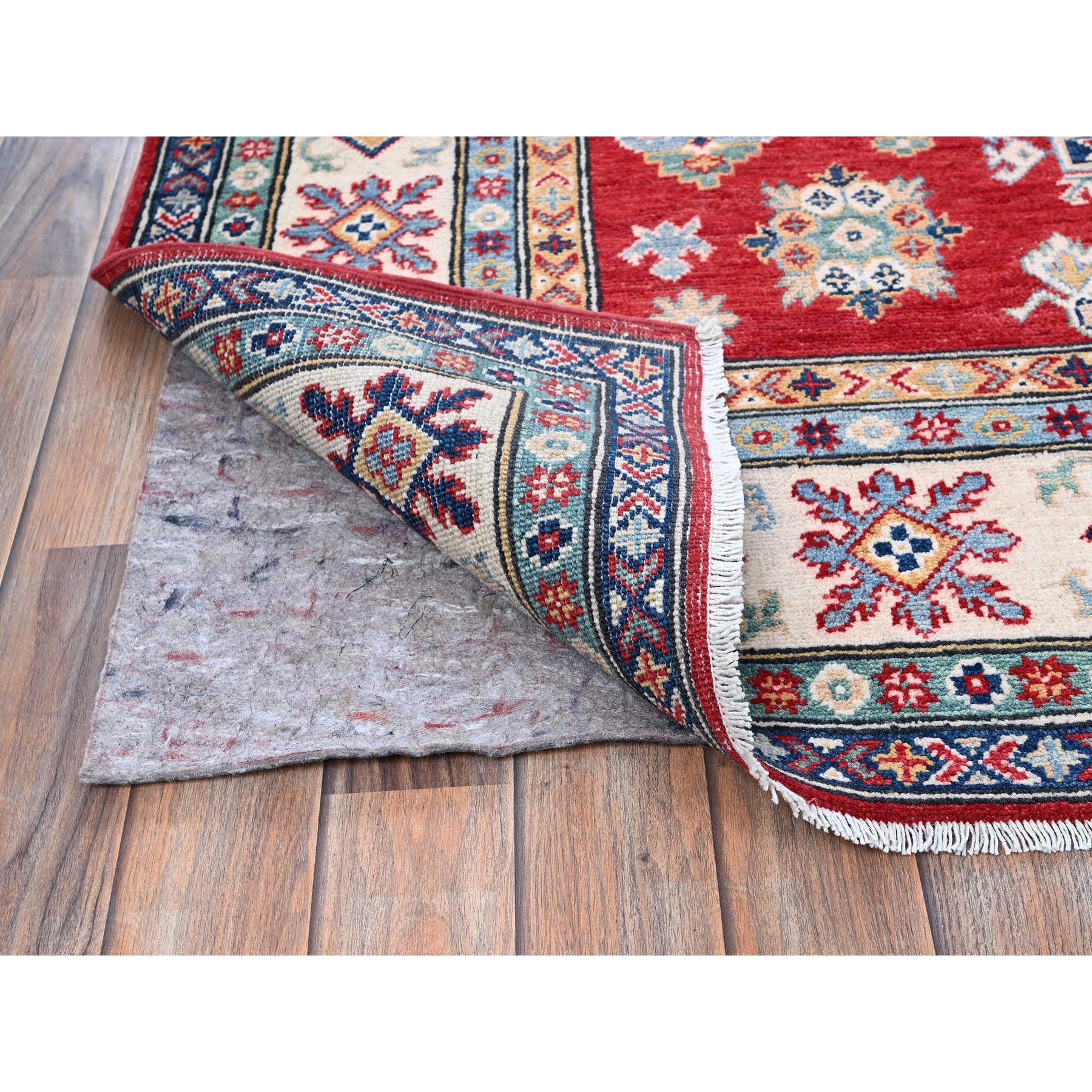 5'10"x8'8" Crimson Red, Kazak with Geometric Medallions Design, Soft and Shiny Wool, Hand Knotted, Denser Weave, Vegetable Dyes, Oriental Rug Sh534