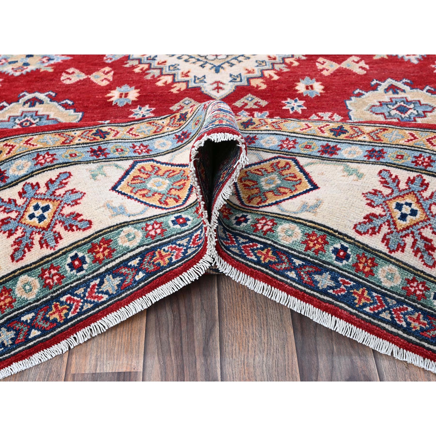 5'10"x8'8" Crimson Red, Kazak with Geometric Medallions Design, Soft and Shiny Wool, Hand Knotted, Denser Weave, Vegetable Dyes, Oriental Rug Sh534