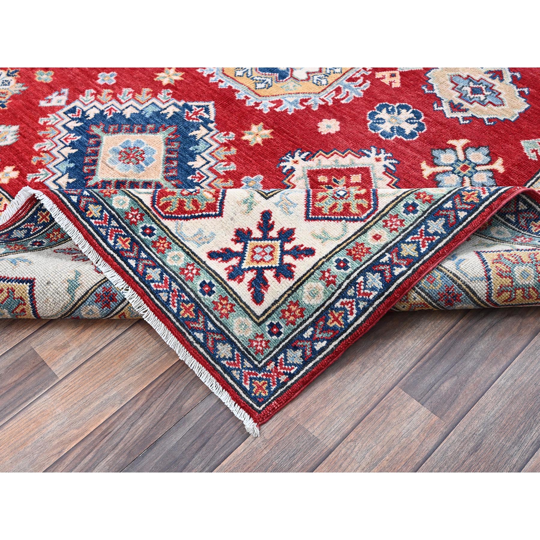 5'10"x8'8" Crimson Red, Kazak with Geometric Medallions Design, Soft and Shiny Wool, Hand Knotted, Denser Weave, Vegetable Dyes, Oriental Rug Sh534