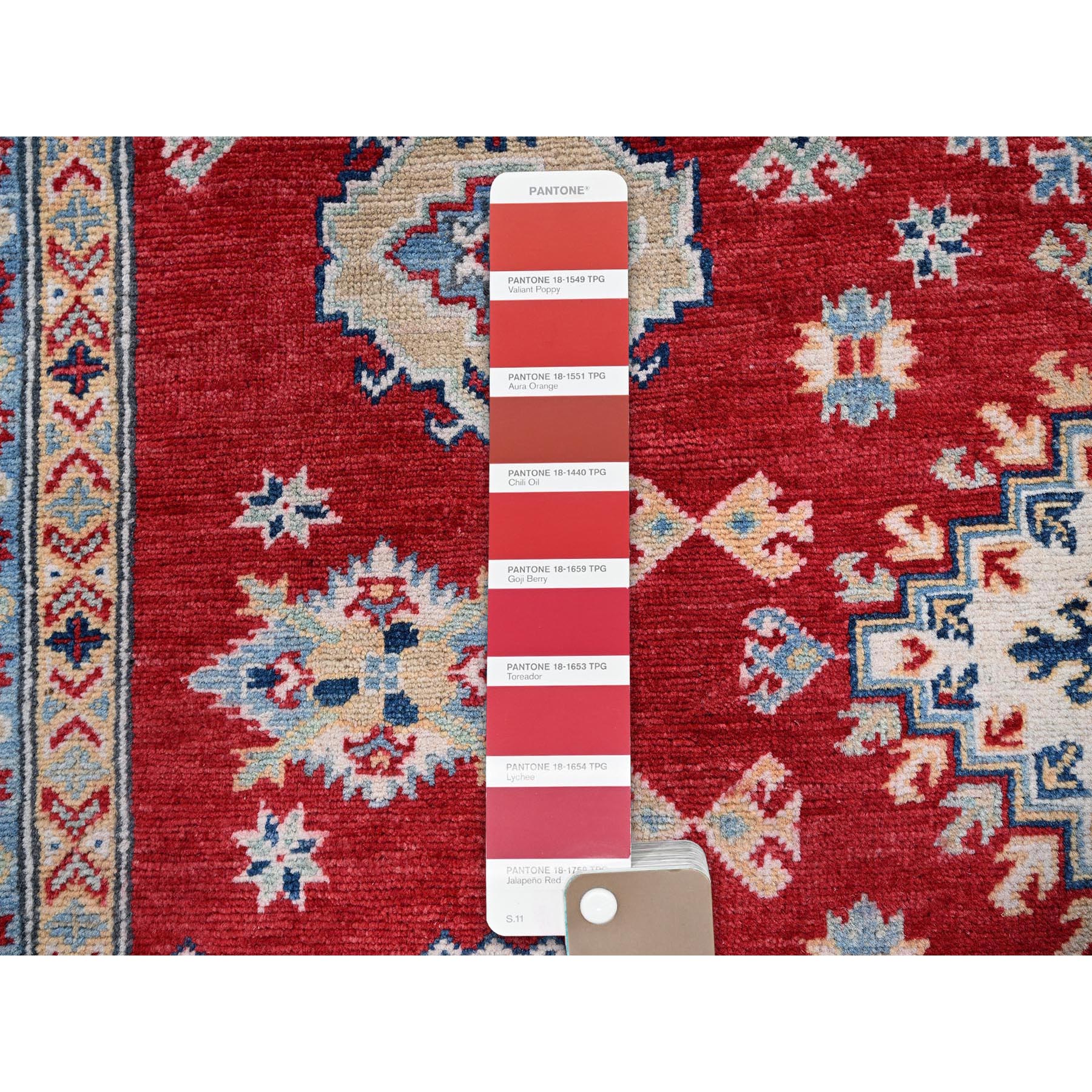 5'10"x8'8" Crimson Red, Kazak with Geometric Medallions Design, Soft and Shiny Wool, Hand Knotted, Denser Weave, Vegetable Dyes, Oriental Rug Sh534