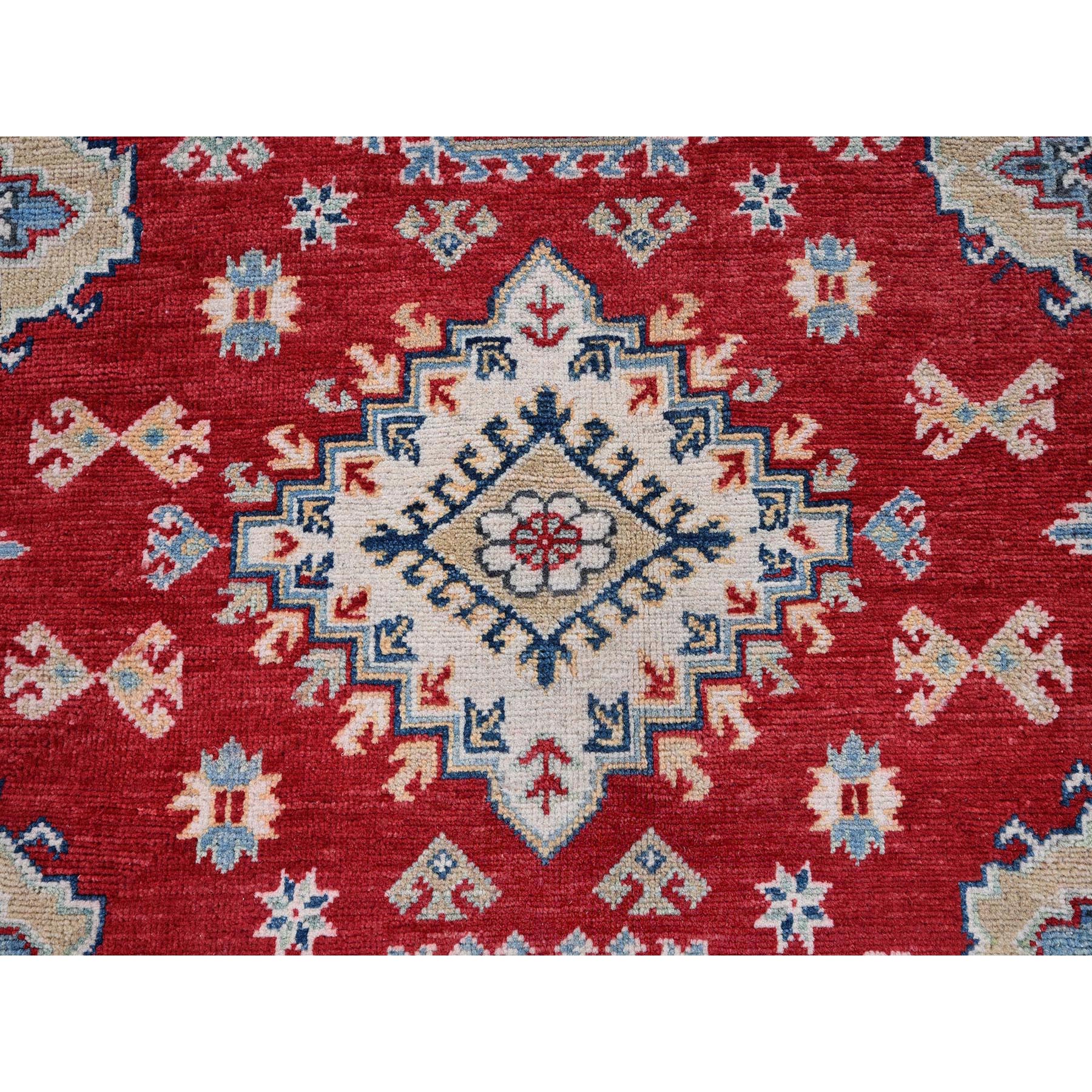 5'10"x8'8" Crimson Red, Kazak with Geometric Medallions Design, Soft and Shiny Wool, Hand Knotted, Denser Weave, Vegetable Dyes, Oriental Rug Sh534