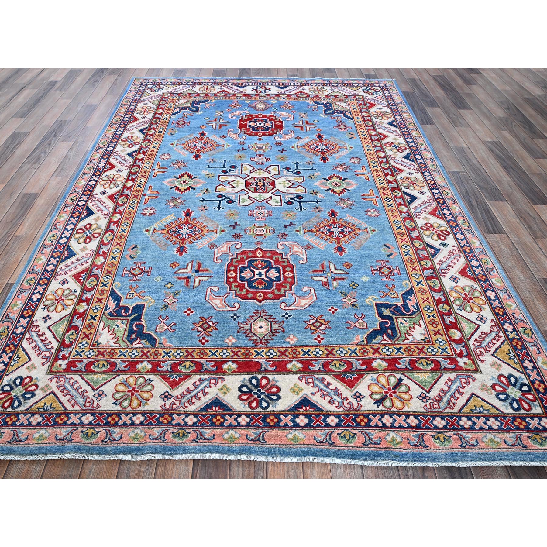 6'2"x8'7" Maya Blue, Kazak with Tribal Medallion Design, Denser Weave, Vegetable Dyes, Hand Knotted, Soft and Shiny Wool, Oriental Rug Sh535