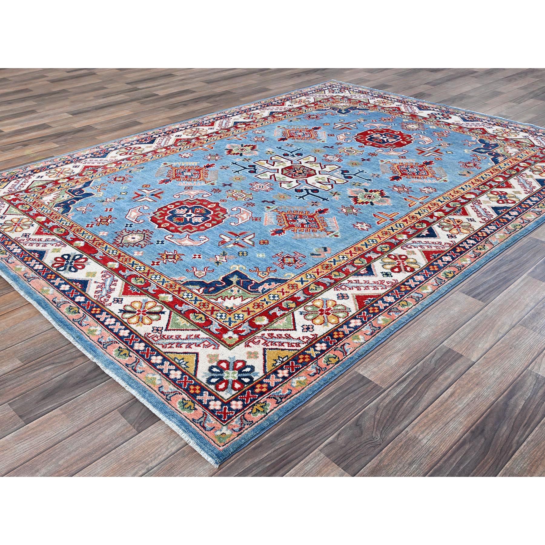 6'2"x8'7" Maya Blue, Kazak with Tribal Medallion Design, Denser Weave, Vegetable Dyes, Hand Knotted, Soft and Shiny Wool, Oriental Rug Sh535