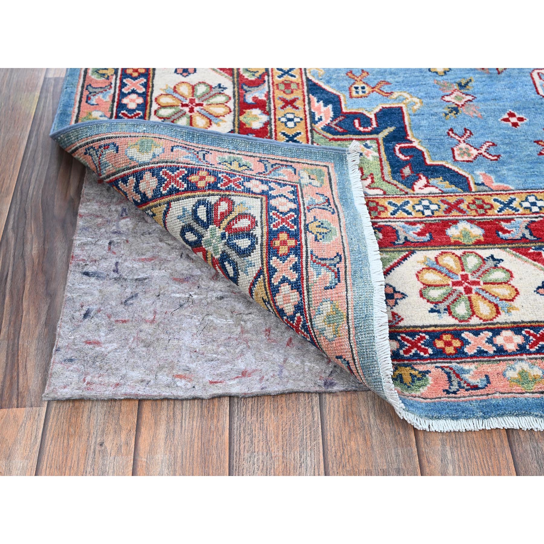 6'2"x8'7" Maya Blue, Kazak with Tribal Medallion Design, Denser Weave, Vegetable Dyes, Hand Knotted, Soft and Shiny Wool, Oriental Rug Sh535