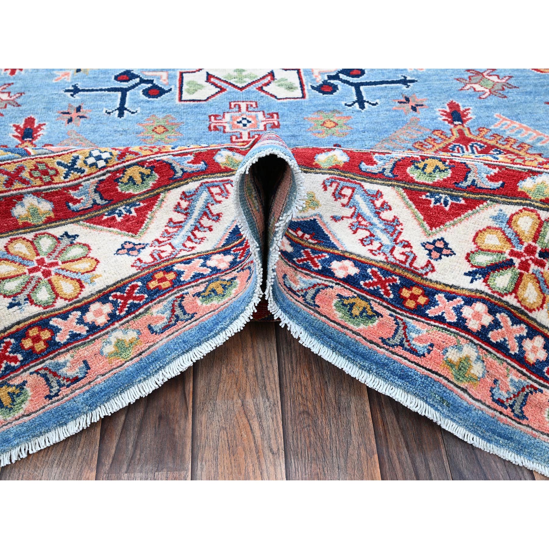 6'2"x8'7" Maya Blue, Kazak with Tribal Medallion Design, Denser Weave, Vegetable Dyes, Hand Knotted, Soft and Shiny Wool, Oriental Rug Sh535