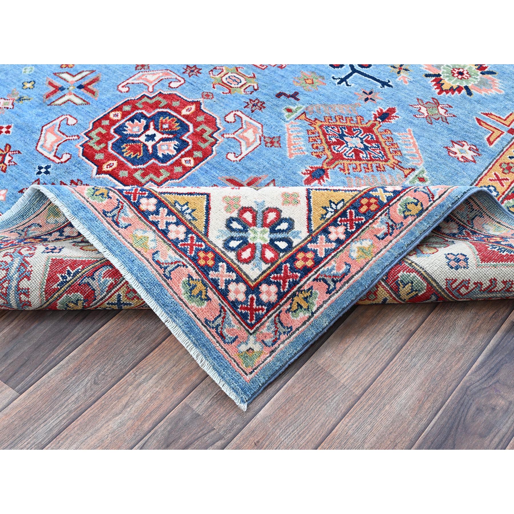 6'2"x8'7" Maya Blue, Kazak with Tribal Medallion Design, Denser Weave, Vegetable Dyes, Hand Knotted, Soft and Shiny Wool, Oriental Rug Sh535