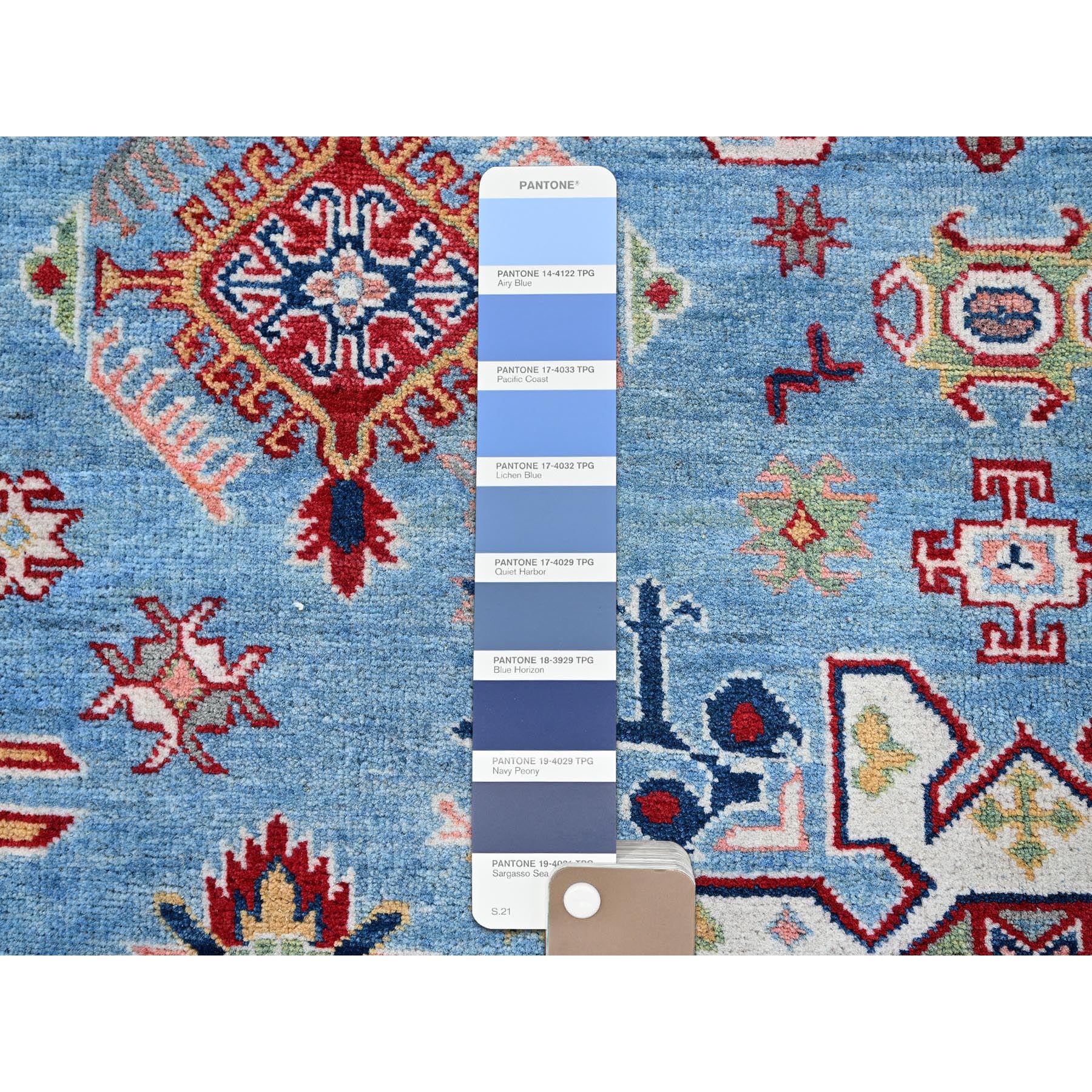 6'2"x8'7" Maya Blue, Kazak with Tribal Medallion Design, Denser Weave, Vegetable Dyes, Hand Knotted, Soft and Shiny Wool, Oriental Rug Sh535