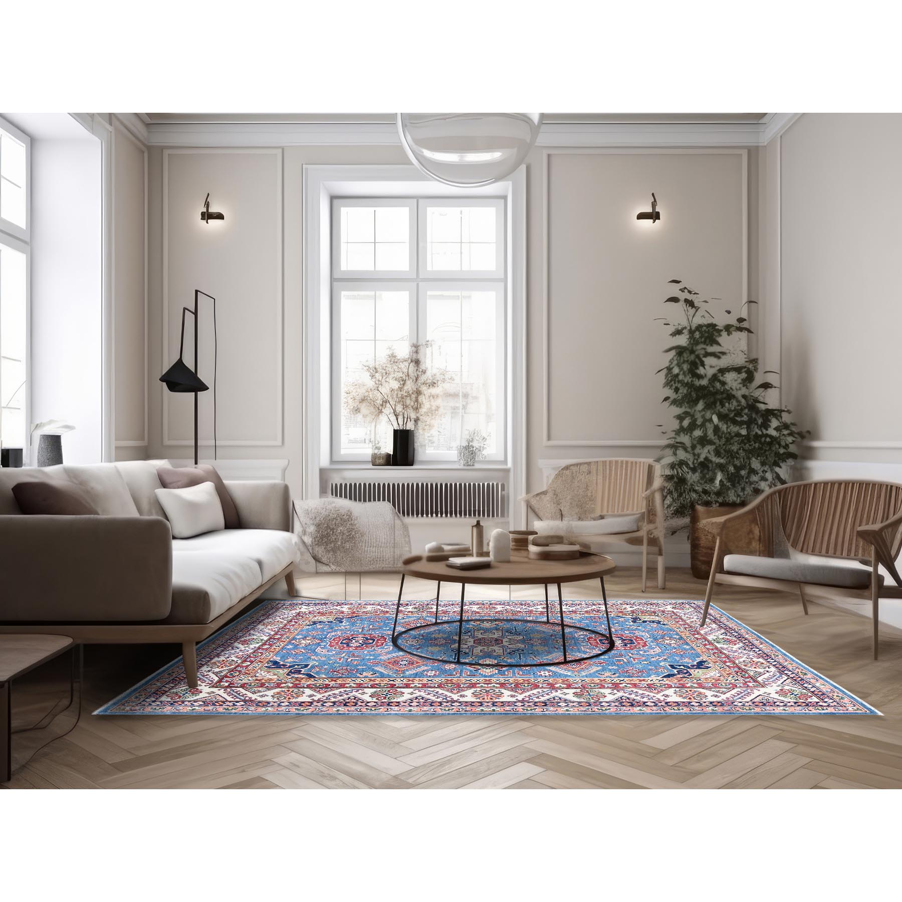 6'x8'9" Carolina Blue, Kazak with Tribal Pattern, Hand Knotted, Denser Weave, Soft and Velvety Wool, Vegetable Dyes, Oriental Rug Sh536