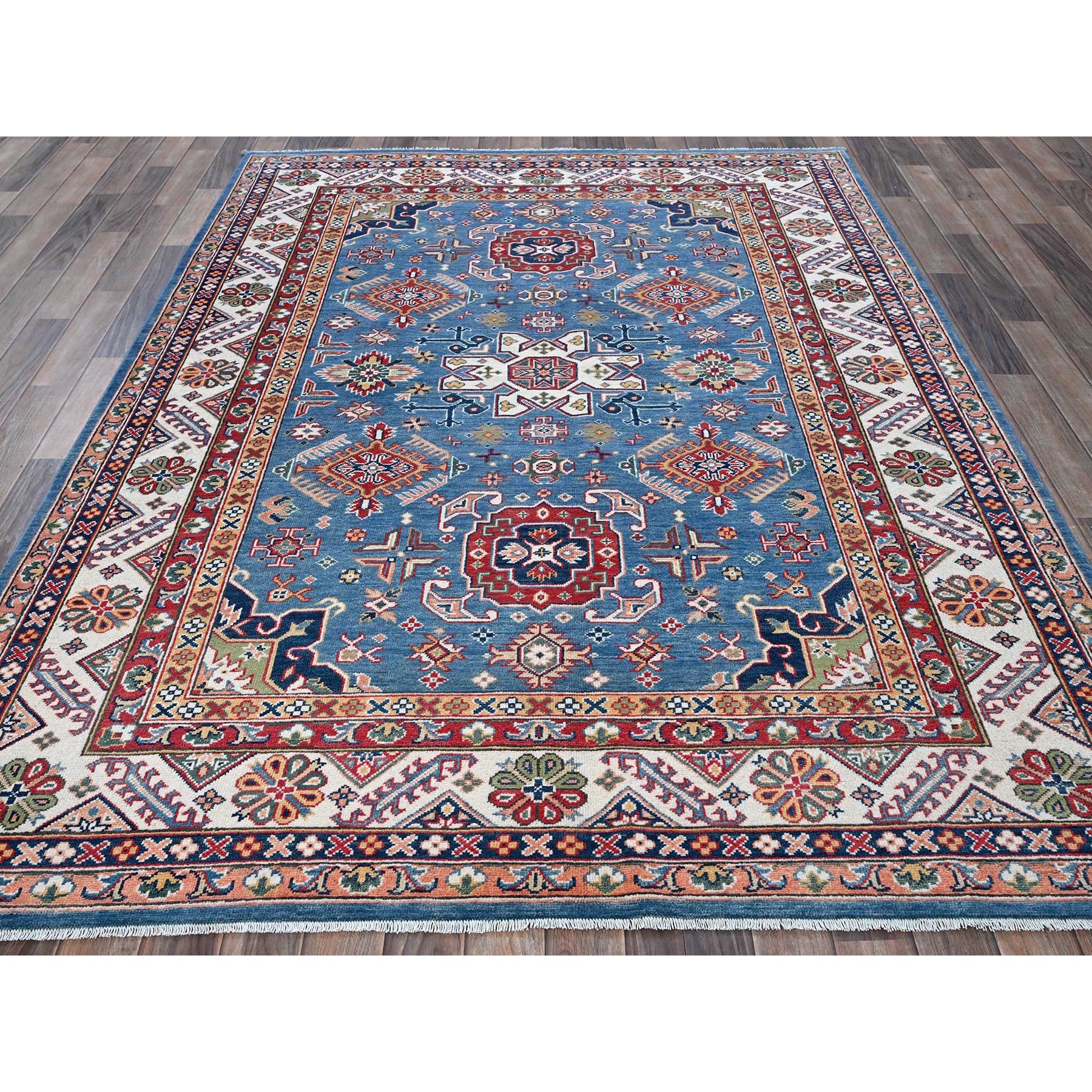 6'x8'9" Carolina Blue, Kazak with Tribal Pattern, Hand Knotted, Denser Weave, Soft and Velvety Wool, Vegetable Dyes, Oriental Rug Sh536