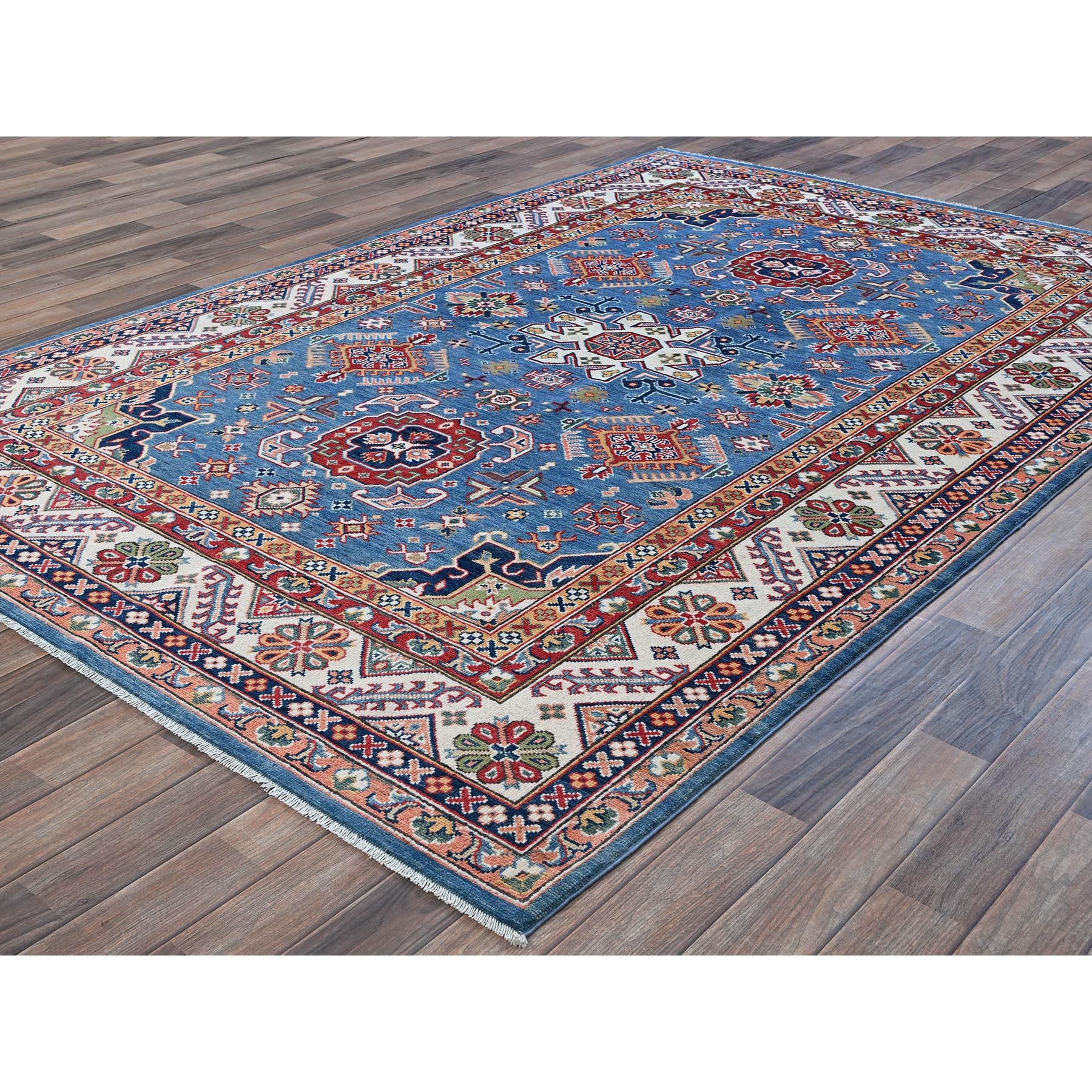 6'x8'9" Carolina Blue, Kazak with Tribal Pattern, Hand Knotted, Denser Weave, Soft and Velvety Wool, Vegetable Dyes, Oriental Rug Sh536
