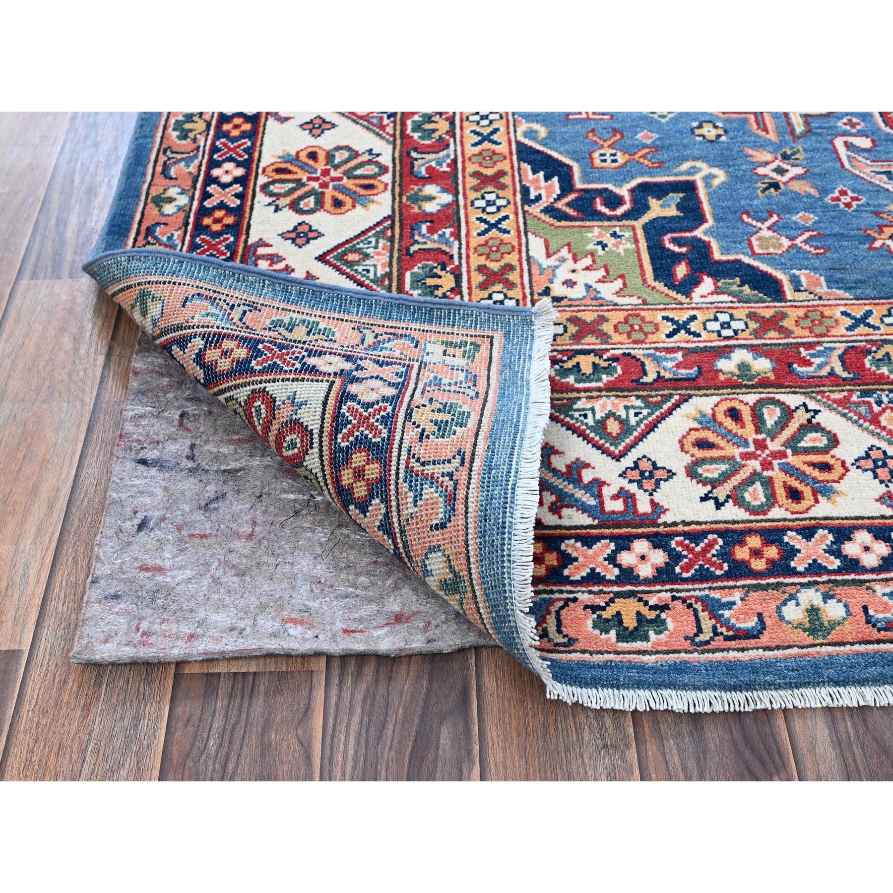 6'x8'9" Carolina Blue, Kazak with Tribal Pattern, Hand Knotted, Denser Weave, Soft and Velvety Wool, Vegetable Dyes, Oriental Rug Sh536