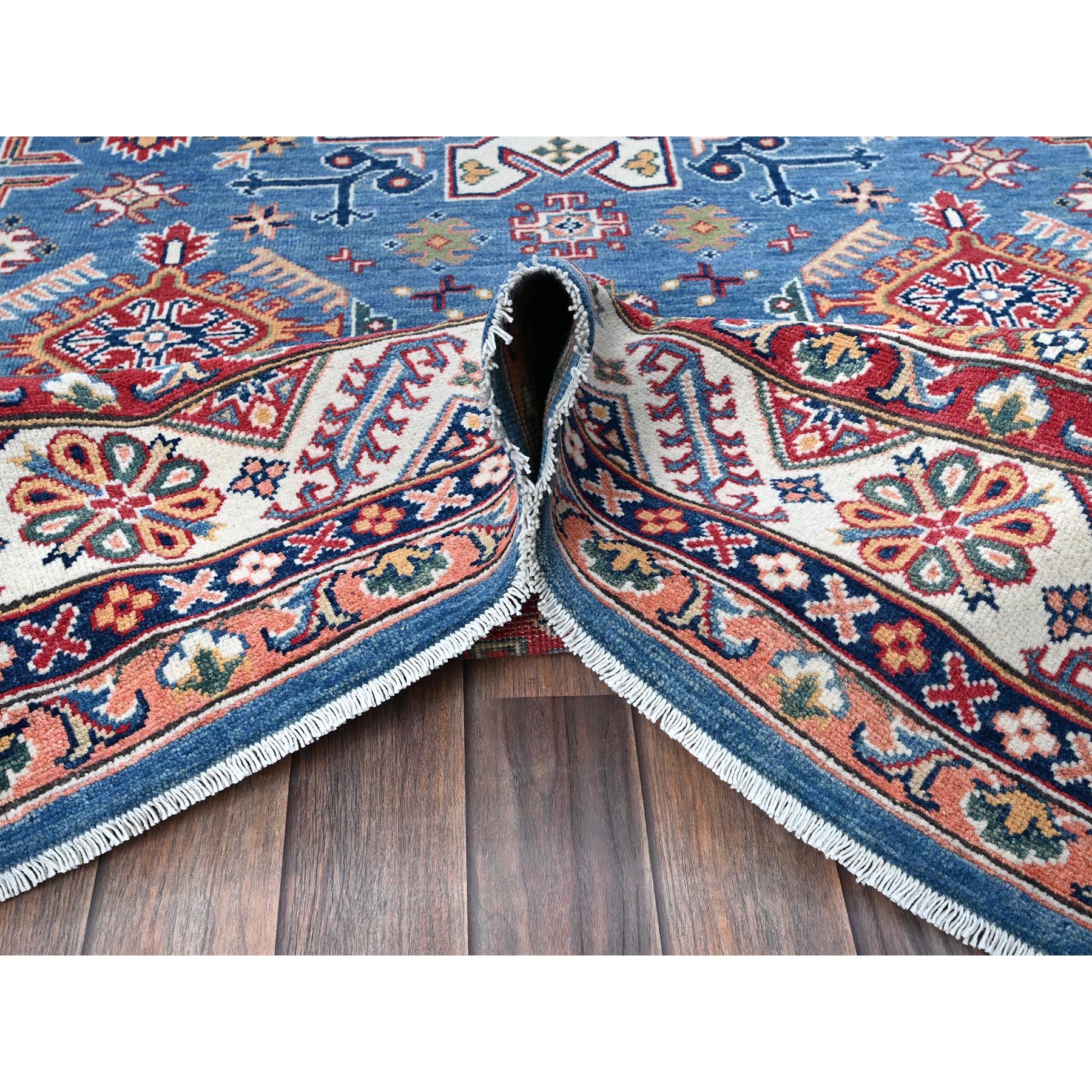 6'x8'9" Carolina Blue, Kazak with Tribal Pattern, Hand Knotted, Denser Weave, Soft and Velvety Wool, Vegetable Dyes, Oriental Rug Sh536