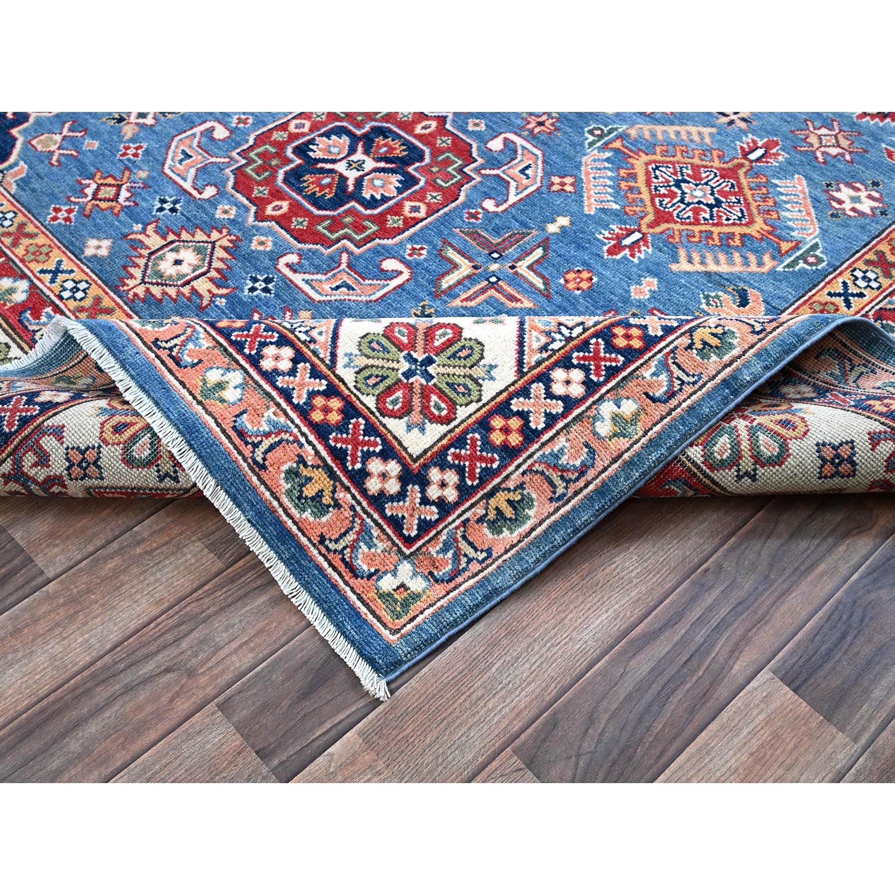 6'x8'9" Carolina Blue, Kazak with Tribal Pattern, Hand Knotted, Denser Weave, Soft and Velvety Wool, Vegetable Dyes, Oriental Rug Sh536