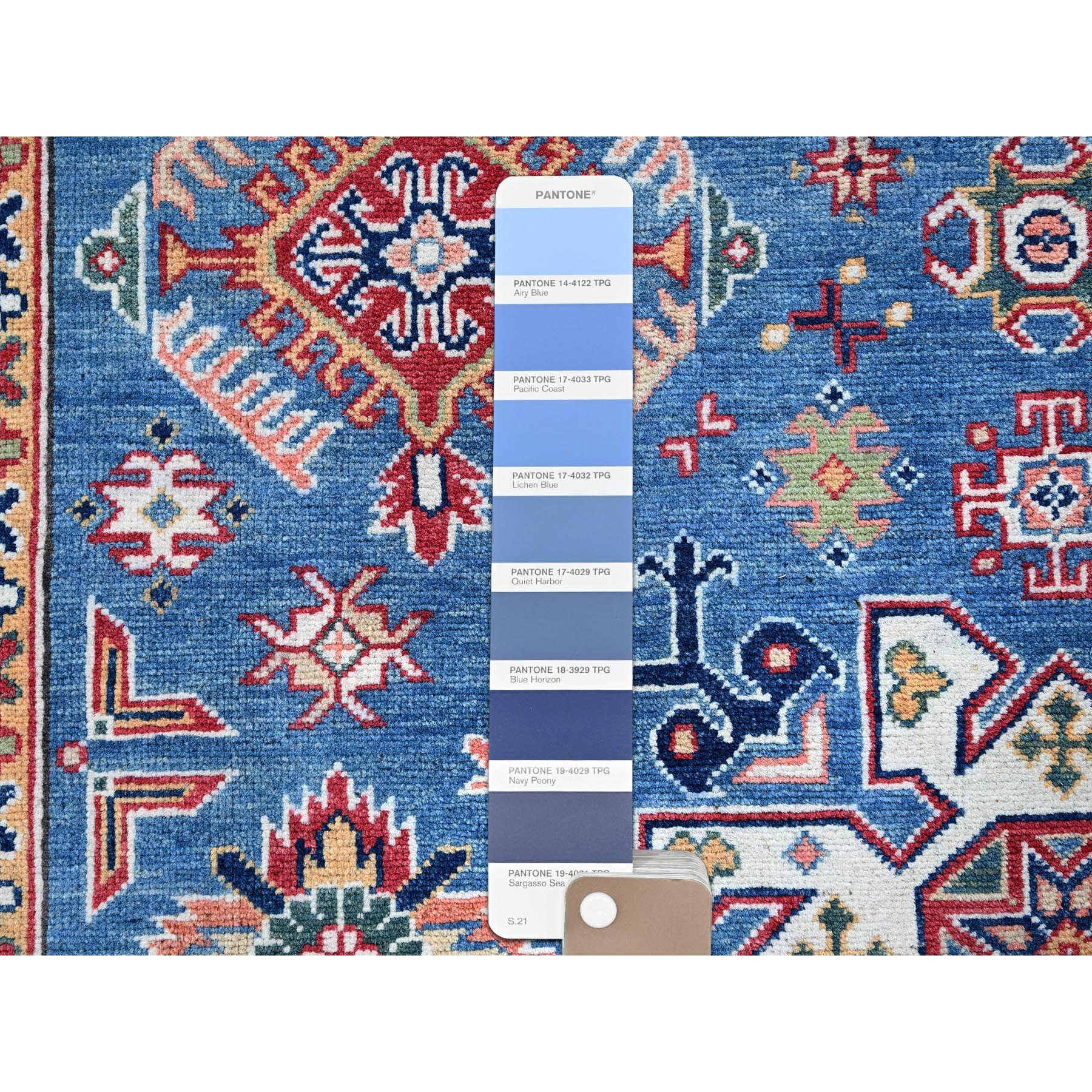 6'x8'9" Carolina Blue, Kazak with Tribal Pattern, Hand Knotted, Denser Weave, Soft and Velvety Wool, Vegetable Dyes, Oriental Rug Sh536